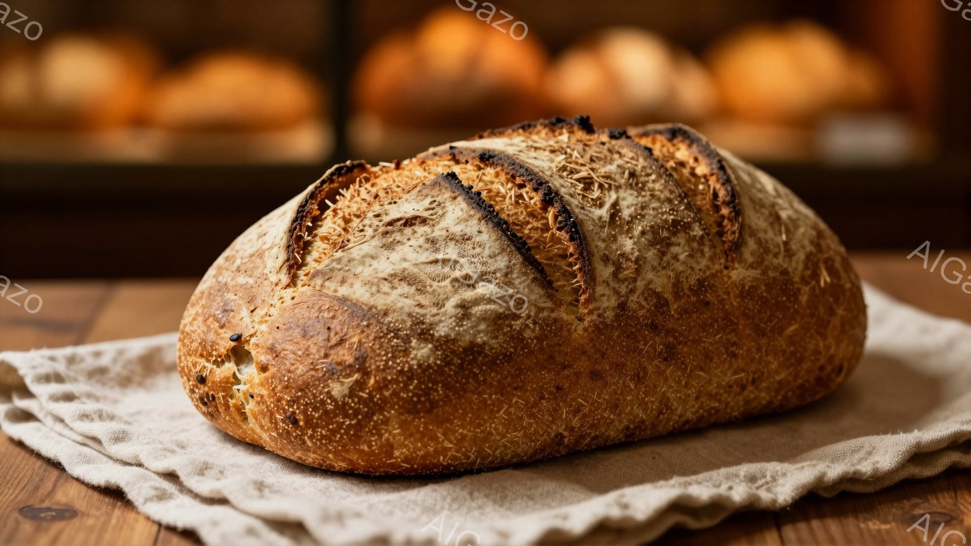 焼き色のついたパンが、シワのあるベージュ色の布の上に置かれています。パンの表面は、焦げ目が入り、ところどころに種が散りばめられています。背景には、他のパンが並んだ棚が見え、暖かく素朴な雰囲気を作り出し - AI生成フリー素材
