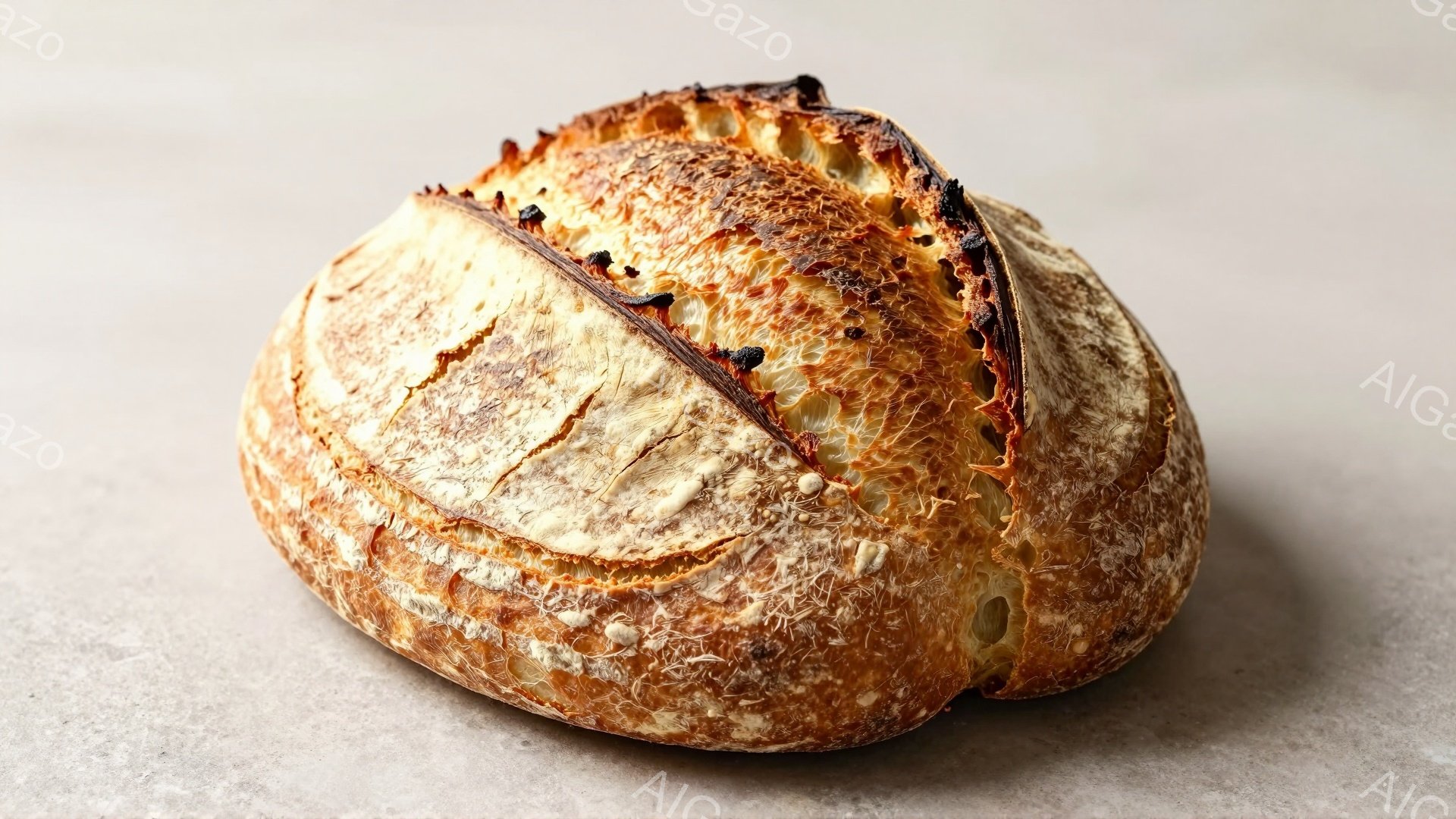 表面が濃い茶色で、ところどころ焦げ目がついた、丸くて大きなパンが写っています。パンの表面はひび割れており、焼き加減からサクサクとした食感が想像できます。背景は薄いグレーで、パンが際立って見えます。