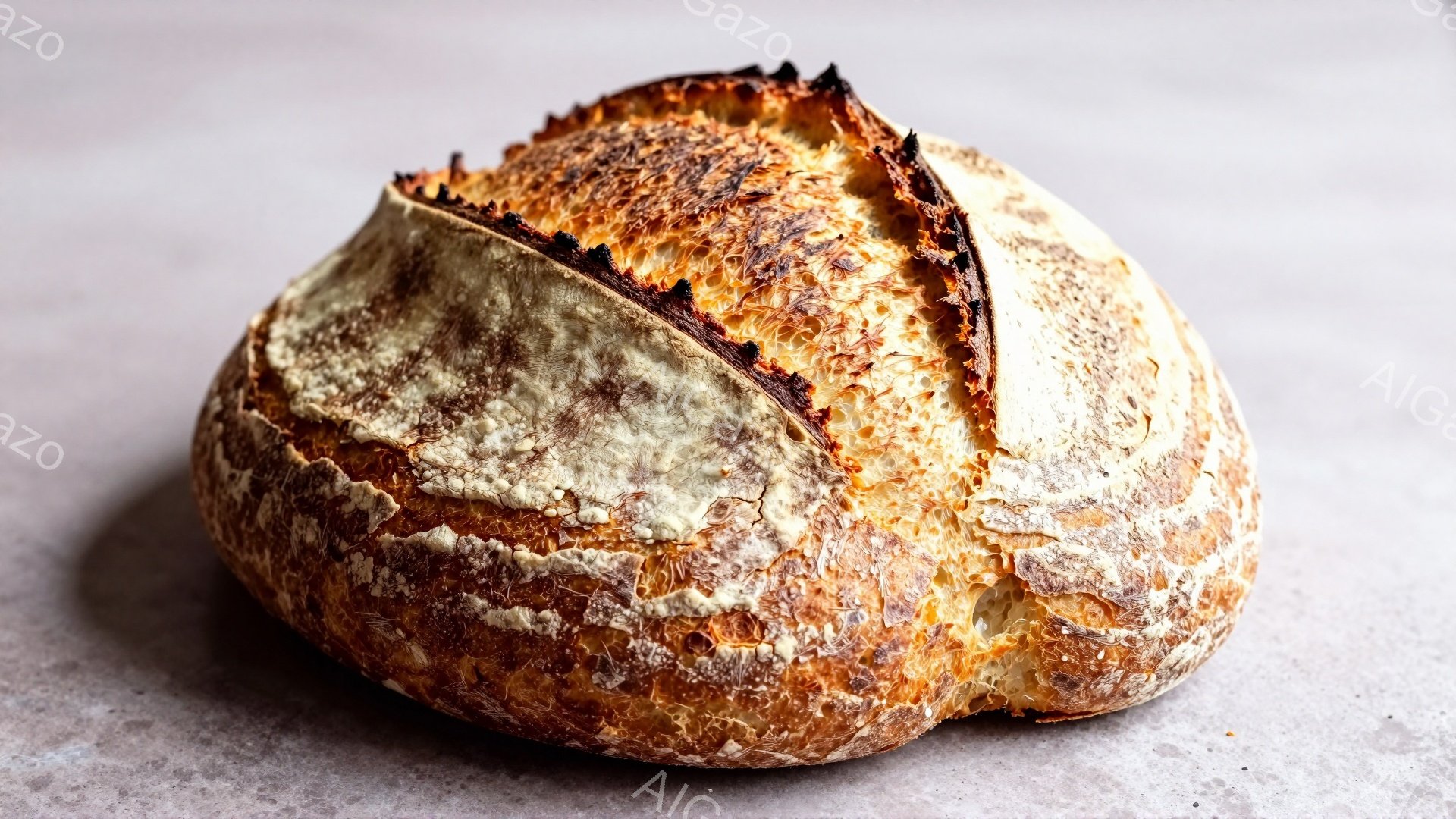 表面が濃い茶色でカリカリに焼かれた、丸いパンが写っている。パンの表面にはヒビや焼き目が入り、窯焼きパン特有の風合いが強調されている。背景はグレーがかった単色で、パンの色合いが際立っている。