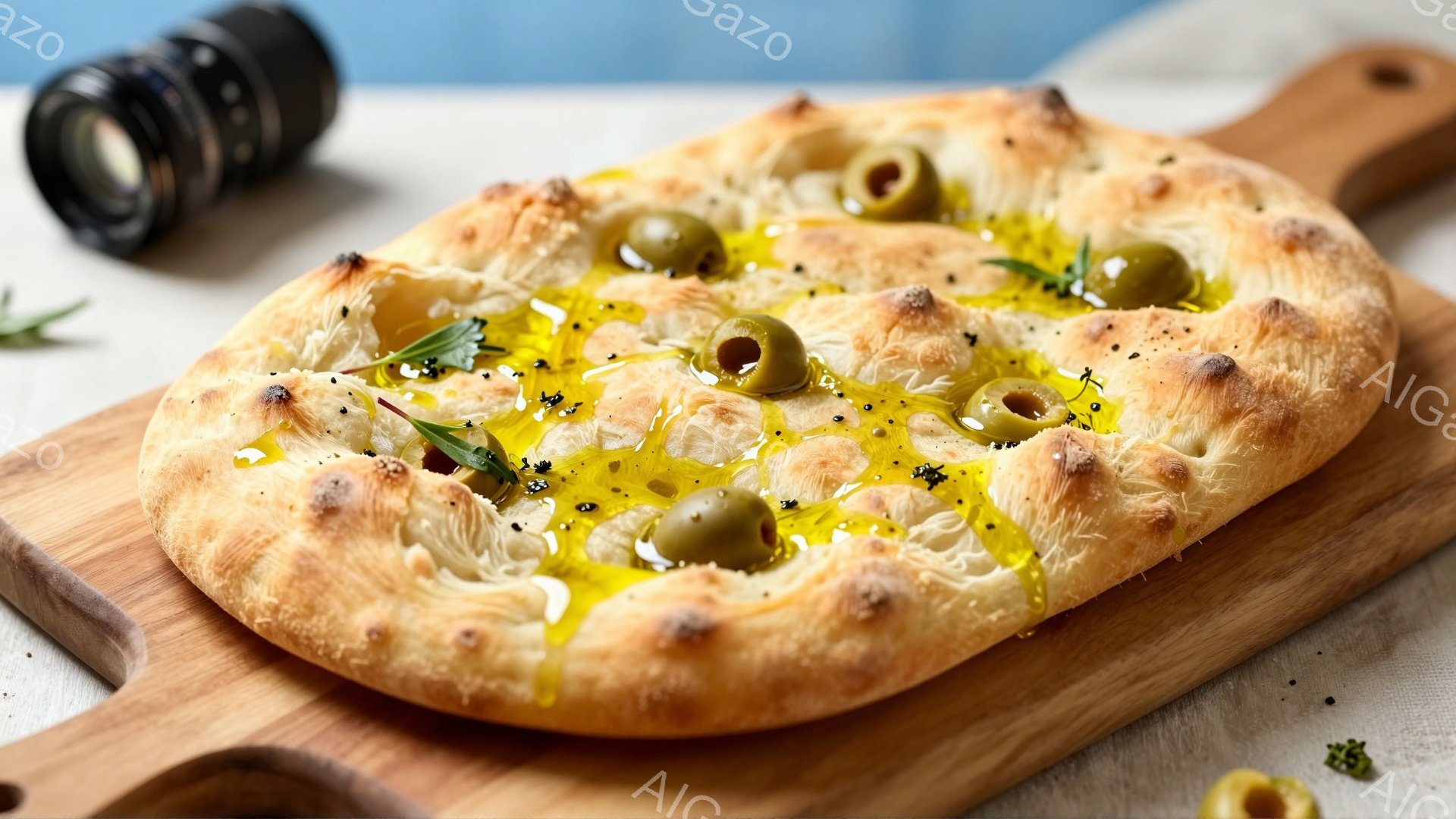 画像には、オリーブオイルとオリーブがトッピングされた焼き立てのフォカッチャが、木製のボードに乗せられています。フォカッチャの表面にはハーブやスパイスが散りばめられ、食欲をそそる焼き色がついています。背景にはぼやけた風景が見え、暖かく落ち着いた雰囲気が漂っています。