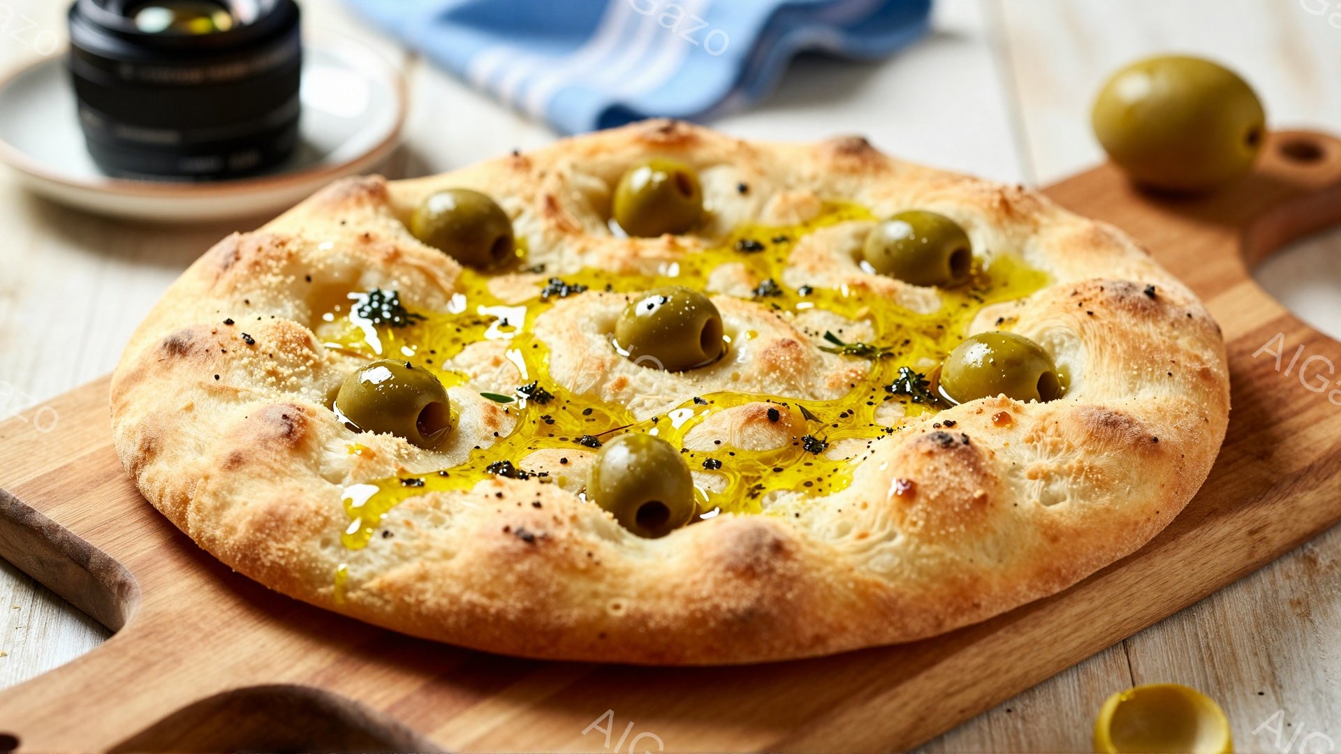 画像は、オリーブオイルと緑色のオリーブがトッピングされた、焼き色のついたフォカッチャパンが木製のまな板に乗っている様子を捉えています。パンは不規則な形状で、表面にはハーブと黒胡椒が散りばめられています - AI生成フリー素材