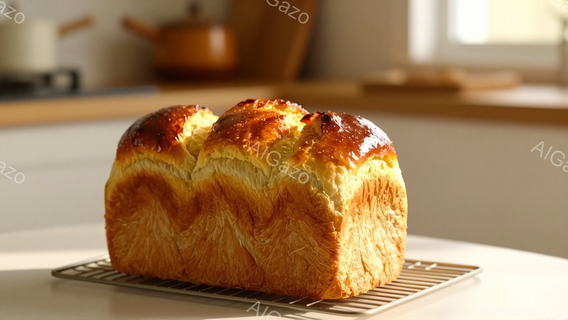 画像には、焼き上がったパンが金属製の網の上に乗っています。パンは黄金色で、表面はカリッとした質感で、バターや卵を塗って焼き上げられたことがわかります。背景は明るいキッチンの一部で、柔らかい光が差し込み、温かく居心地の良い雰囲気を作り出しています。