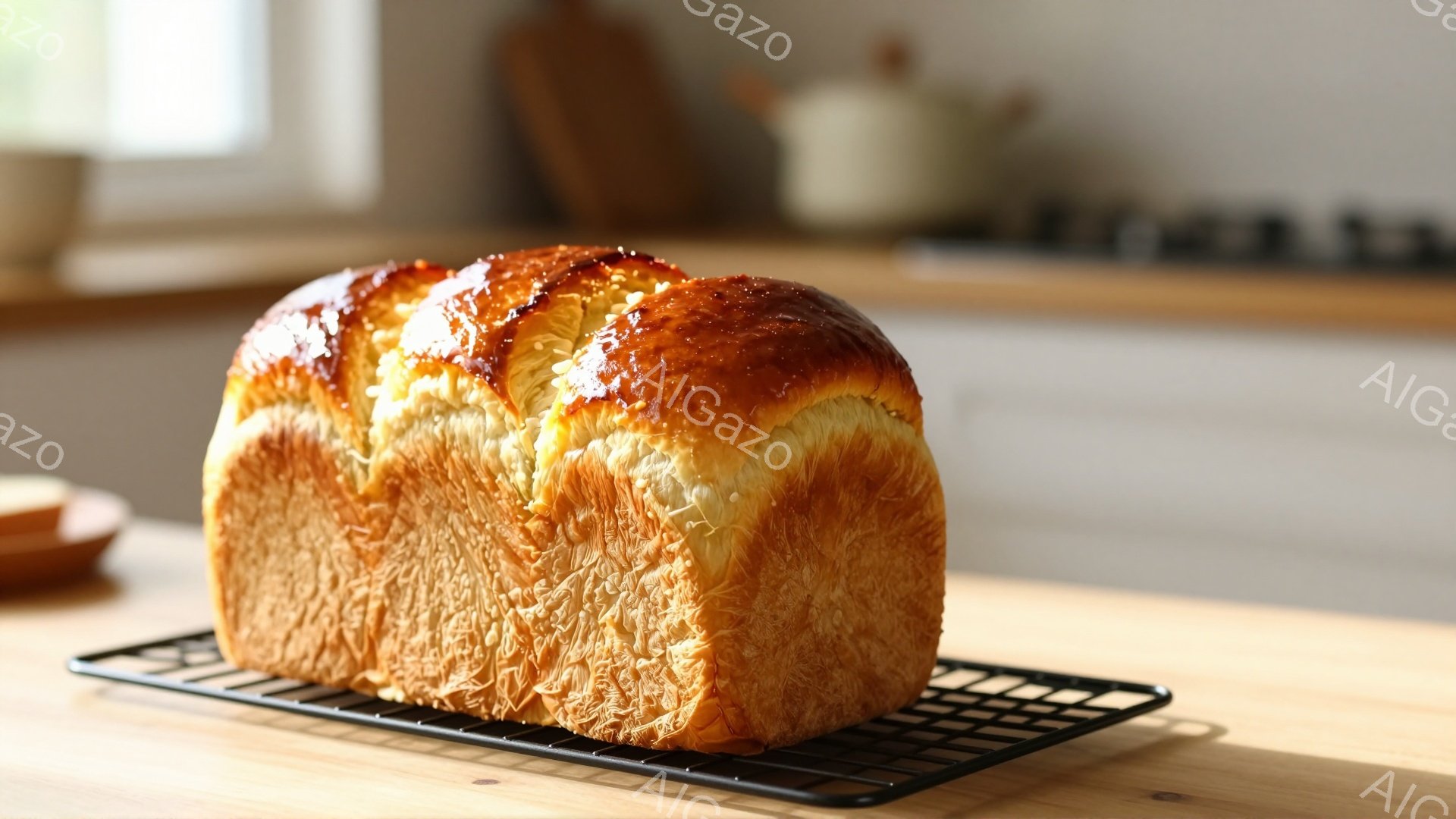 画像は、焼き上がったパンが金属製の網の上に乗っている様子を捉えています。パンは茶色く照りがあり、ふっくらとした食感であることが想像できます。背景には木製のテーブルと、ぼやけたキッチン用品が見え、温かく穏やかな雰囲気を醸し出しています。