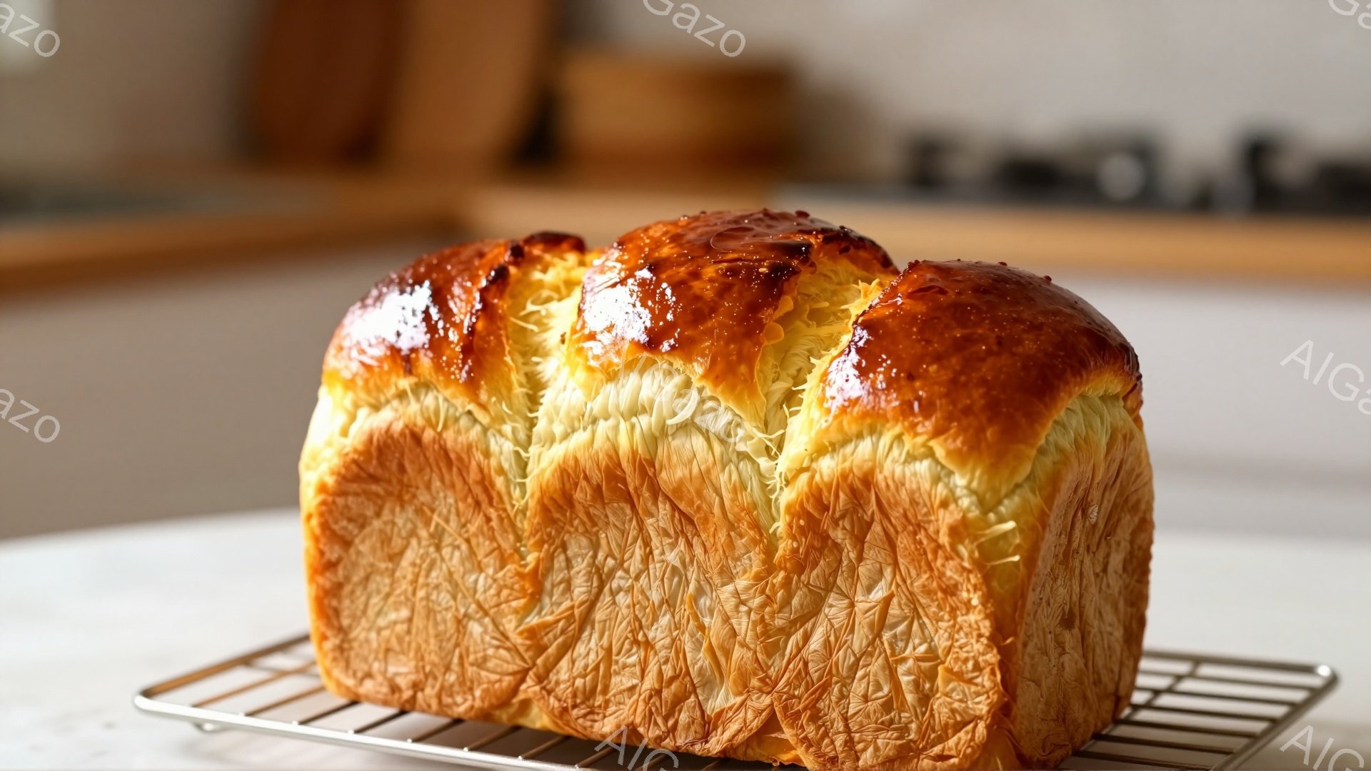 画像には、焼き上がったパンが金属製の網の上に乗っています。パンは美しい黄金色をしており、表面にはきめ細かいシワが広がっています。背景はぼかされており、キッチンの一部がわずかに見えますが、パンに焦点が当 - AI生成フリー素材