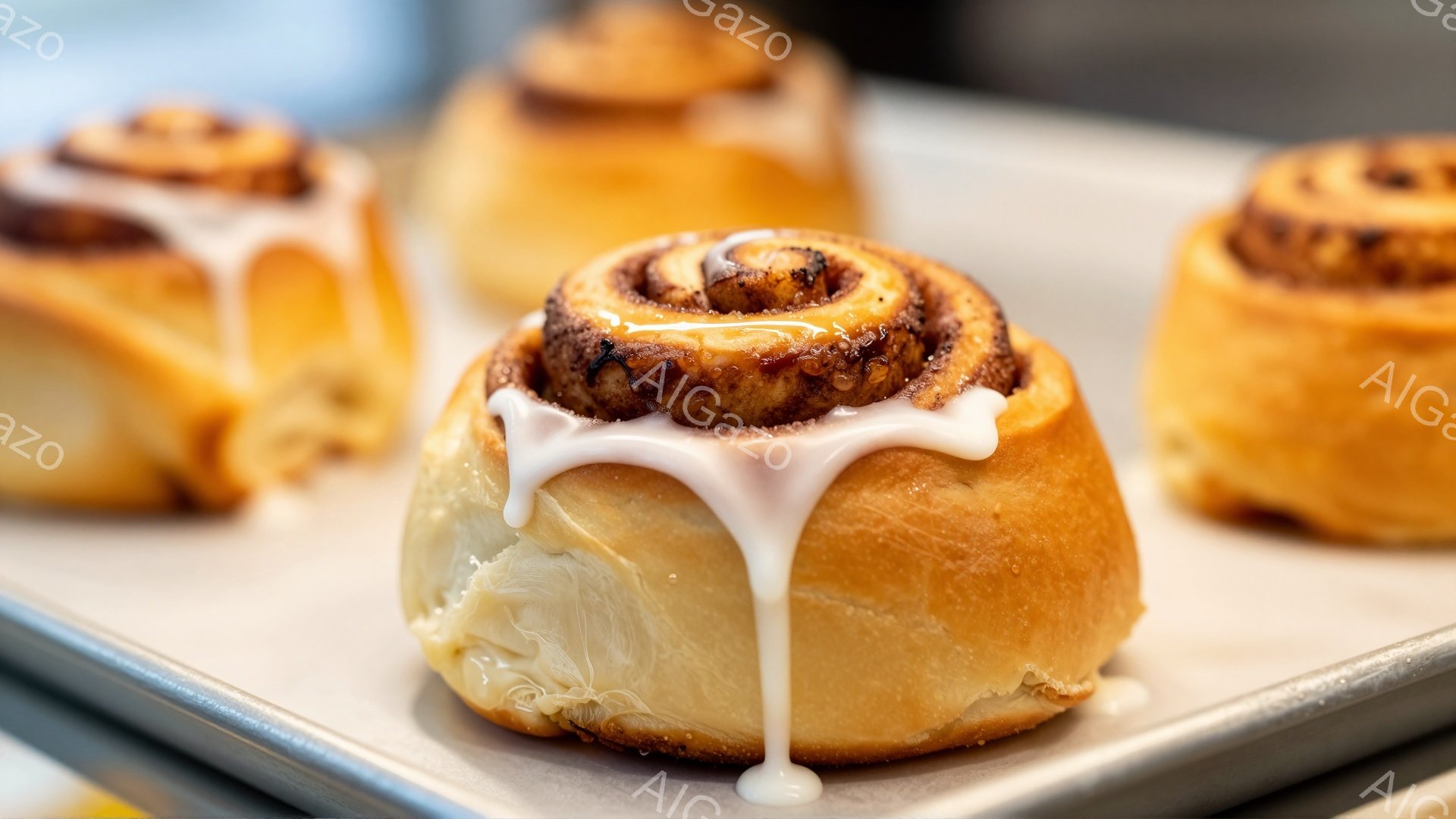 焼き立てのシナモンロールが金属製の天板の上に並んでいます。アイシングがとろりと流れ落ち、ふっくらとした生地の黄金色の焼き色が食欲をそそります。背景はぼやけており、暖かく、甘い香りが漂うような、おいしそ - AI生成フリー素材