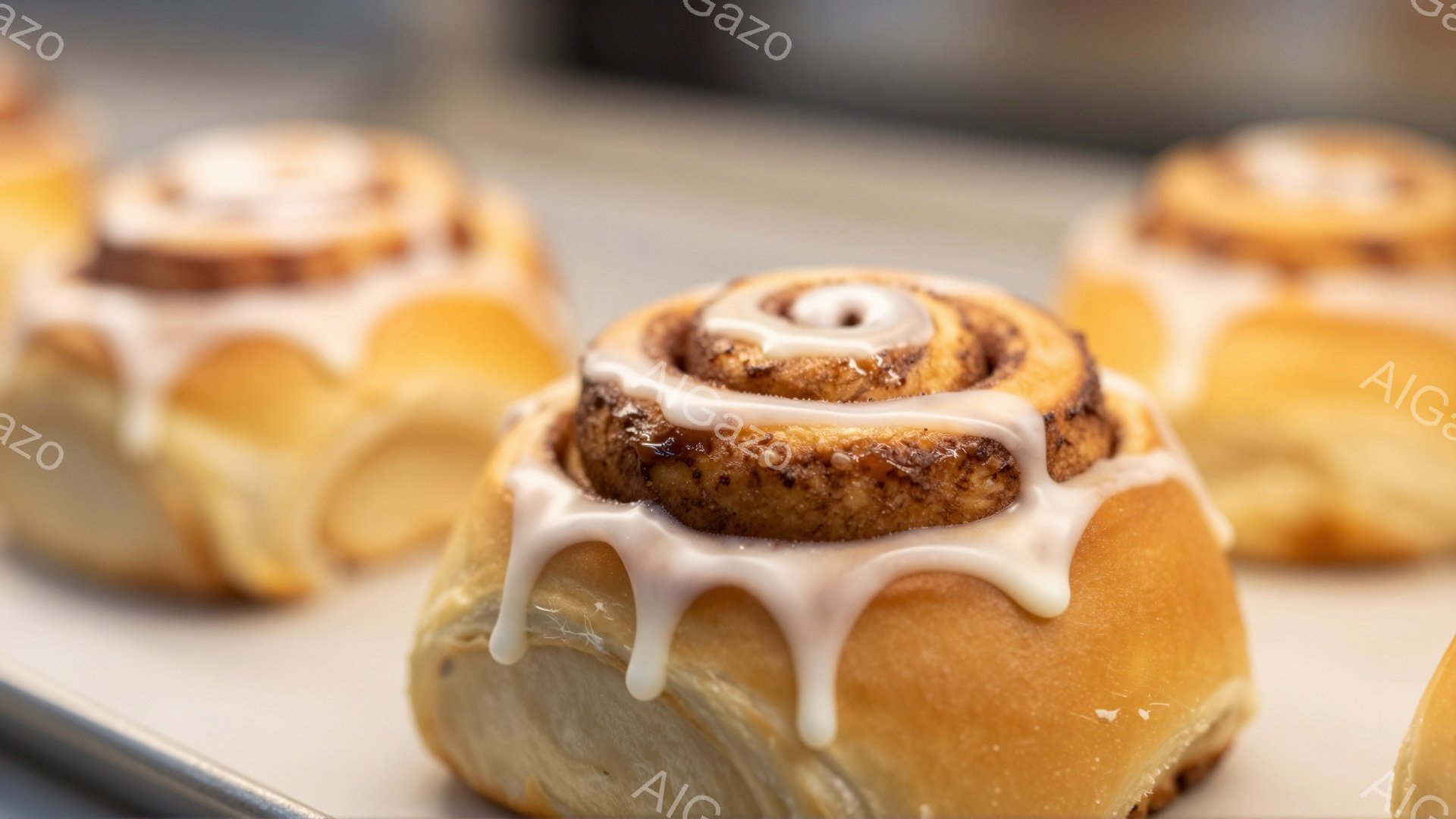 焼き立てのシナモンロールが金属製のトレイの上に並んでいます。ロールはふっくらとしており、表面には白いアイシングが垂れ下がっています。背景はぼやけており、ロールの温かさと甘い香りが感じられる、食欲をそそ - AI生成フリー素材