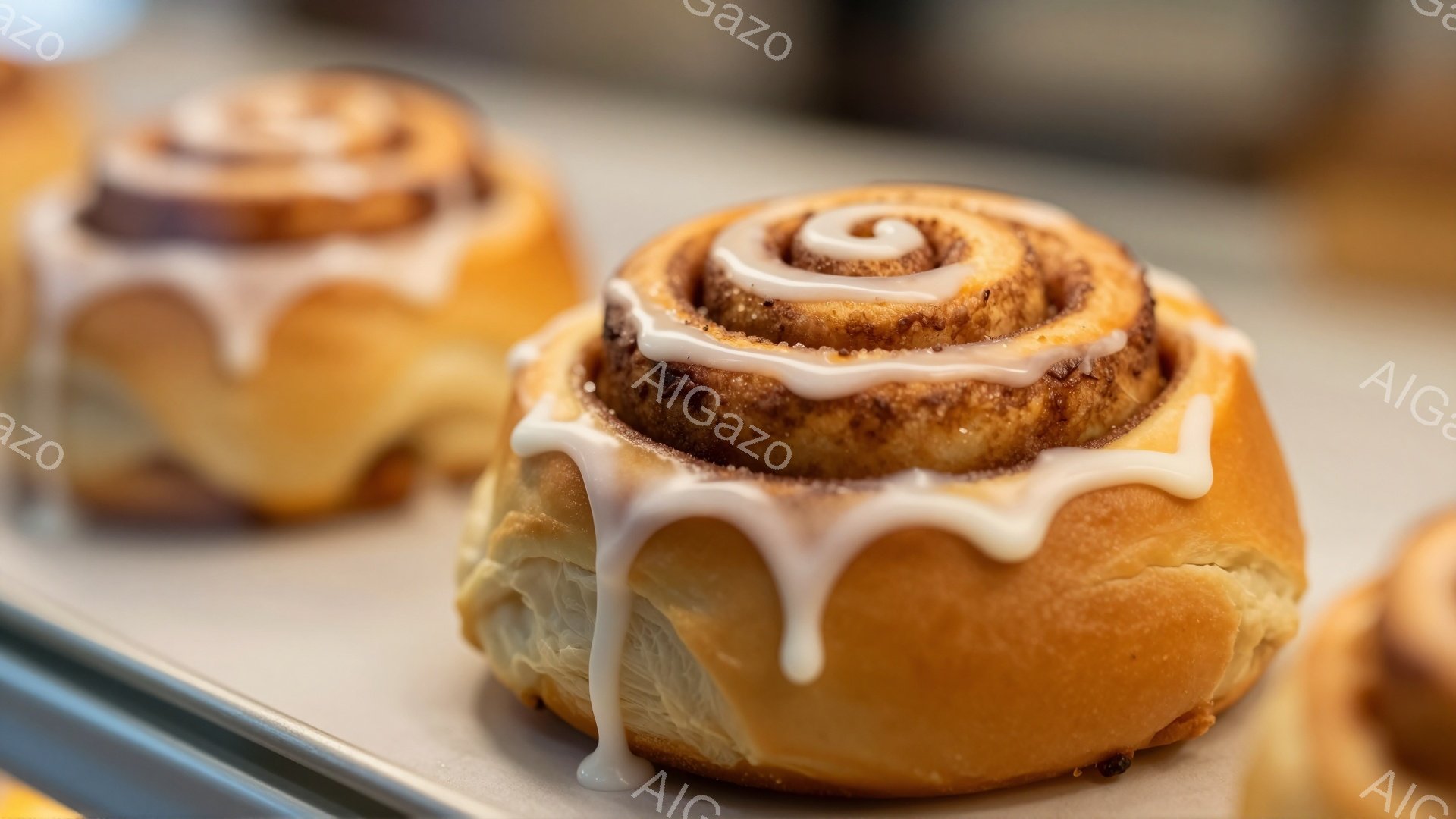 画像には、アイシングがたっぷりとかかったシナモンロールが金属製のトレイの上に置かれています。ふっくらとした生地は焼き色がついており、渦巻き状の形が特徴的です。背景には、同じようなシナモンロールがぼやけて写っており、パン屋やカフェのような場所で撮影されたことがわかります。