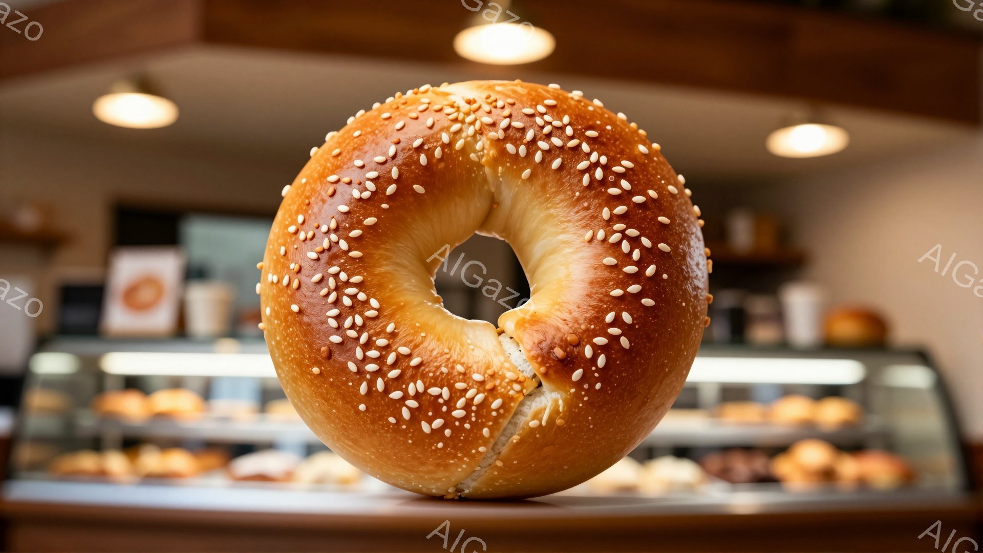 画像は、ケシの実が散りばめられた焼き立てのベーグルをクローズアップで捉えています。ベーグルは黄金色をしており、表面には美しい焼き目がついています。背景には、他のパンが並んだショーケースが見え、店内の温 - AI生成フリー素材