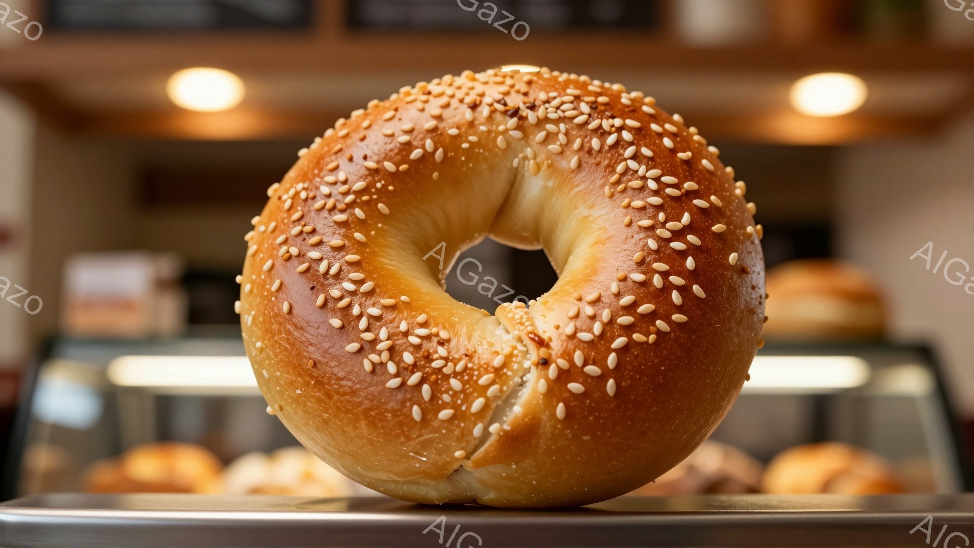 画像は、ゴマがたっぷりとかかった、焼き色のついたベーグルが写っています。ベーグルは光沢があり、ふっくらとしていて美味しそうです。背景には、他のパンが並んだショーケースが見え、パン屋の店内である様子が伺えます。