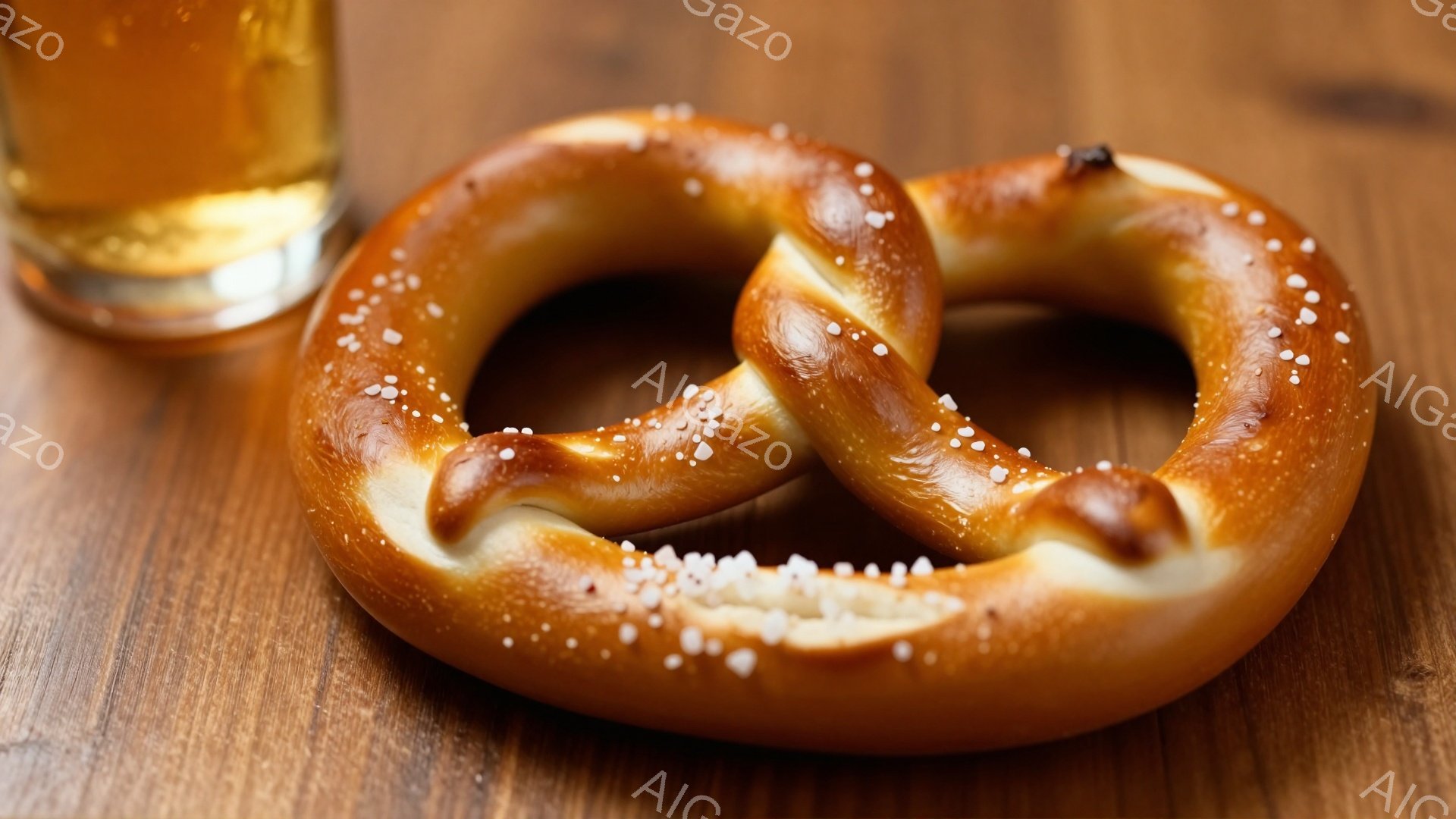 プレッツェルが木製のテーブルの上に置かれており、粗塩が表面に散りばめられています。背景には琥珀色のビールが入ったグラスがぼんやりと見え、温かみのある雰囲気を作り出しています。全体的に、シンプルで食欲をそそる構図で、カジュアルな食事や軽食のシーンを想起させます。