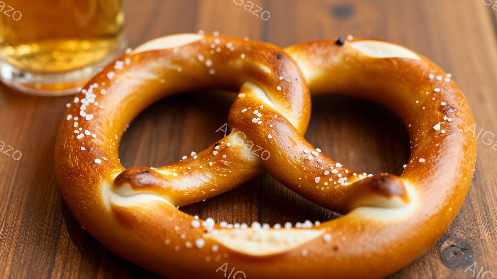 濃い木目のテーブルの上に、大きなプレッツェルが置かれています。プレッツェルはこんがりと焼き色がつき、粗塩が散りばめられており、美味しさを引き立てています。背後には、琥珀色の液体が入ったグラスがぼんやりと見え、食事や軽食の風景を連想させます。