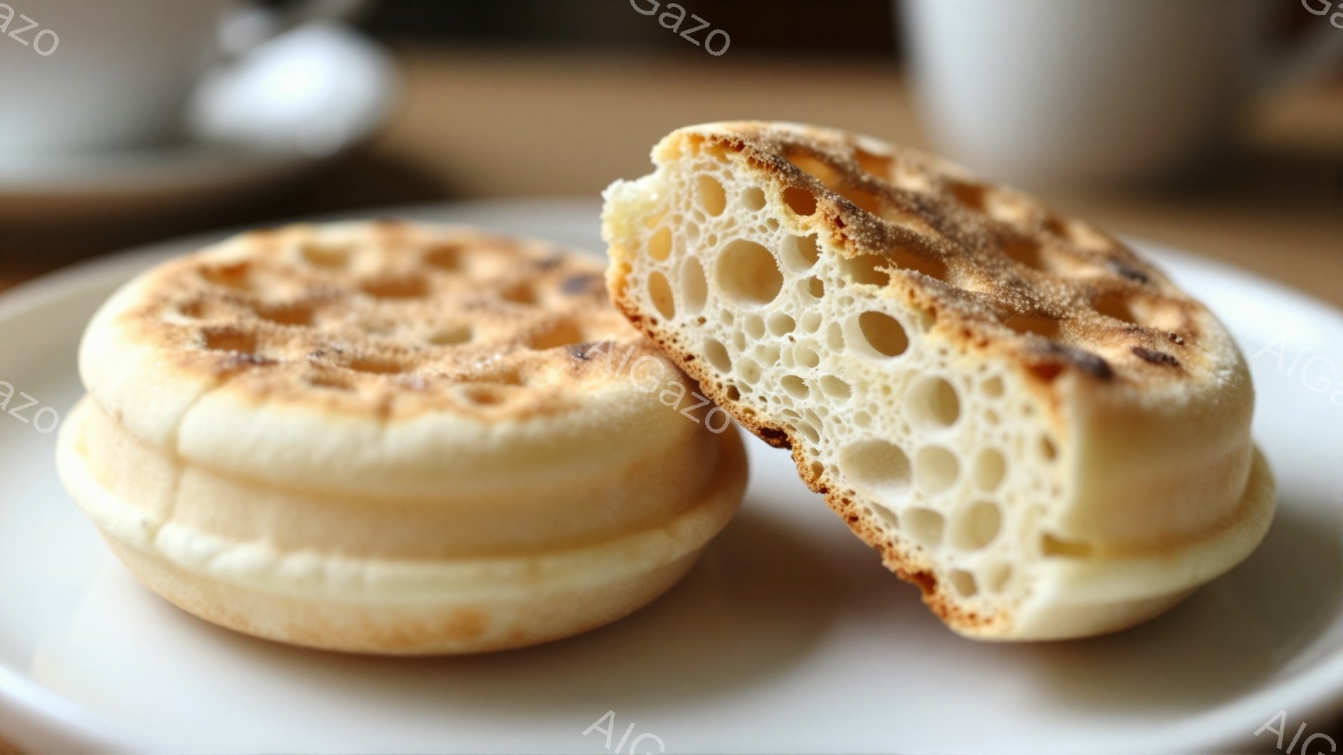 白い皿の上に、イングリッシュマフィンが2つ並んでいる。1つは半分に切られており、中身の穴がたくさん空いているのが見える。背景にはぼやけたカップとソーサーがあり、暖かく穏やかな雰囲気を醸し出している。