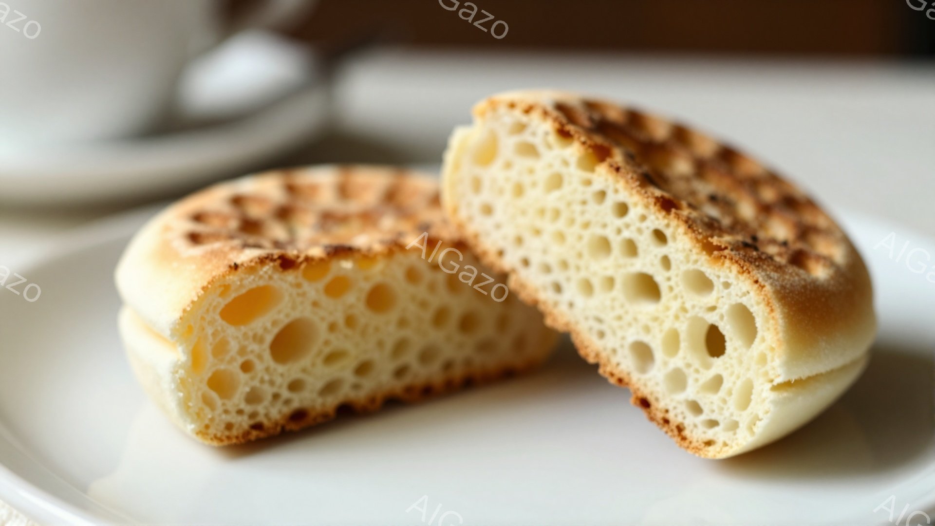 皿の上に半分に切られたイングリッシュマフィンが2つ置かれています。表面は薄い茶色で、内部は大小さまざまな穴がたくさん空いており、ふわふわとした食感が想像できます。背景には、白いソーサーとカップがぼんやりと見え、シンプルな食卓の風景を表しています。