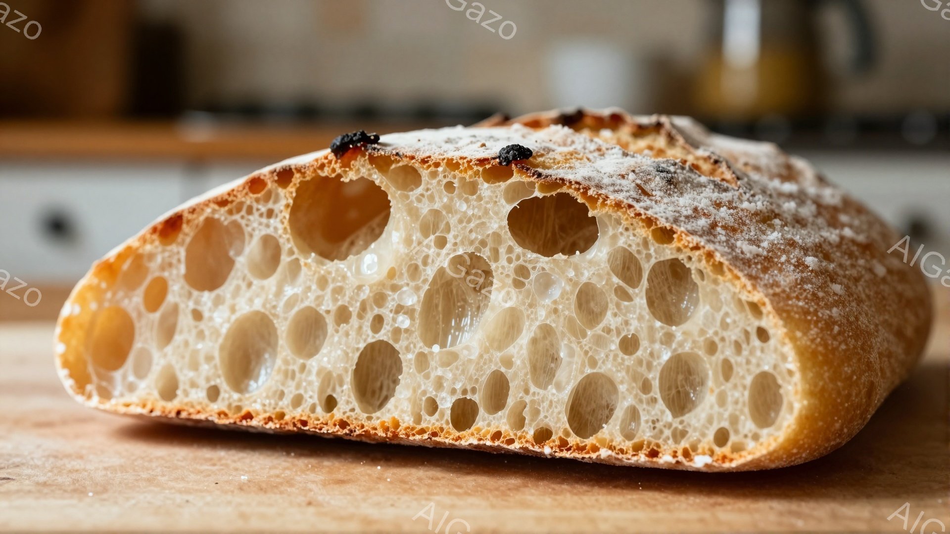 画像は、焼きたてのパンの断面をクローズアップしたものです。外側は薄い茶色で、ところどころに焦げ目がつき、粉がふりかかっています。内部は大きな穴がたくさん空いており、ふっくらとした食感を想像させます。