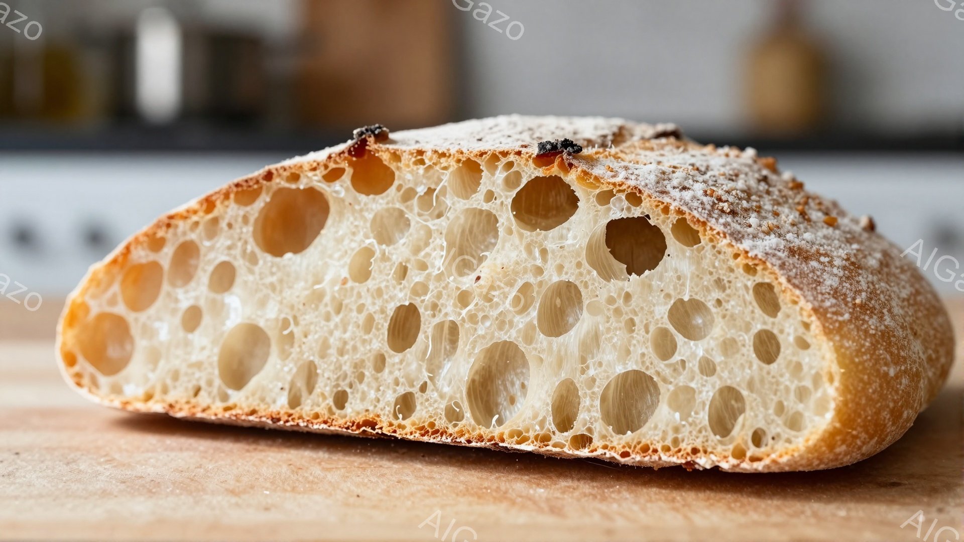 表面に薄い小麦粉がまぶされたパンの断面が、木の板の上で捉えられています。生地には大小さまざまな気泡が無数に広がり、しっとりとした食感を想像させます。背景はぼやけていますが、キッチンの一部と思われる棚や調理器具がわずかに見え、家庭的な雰囲気を醸し出しています。