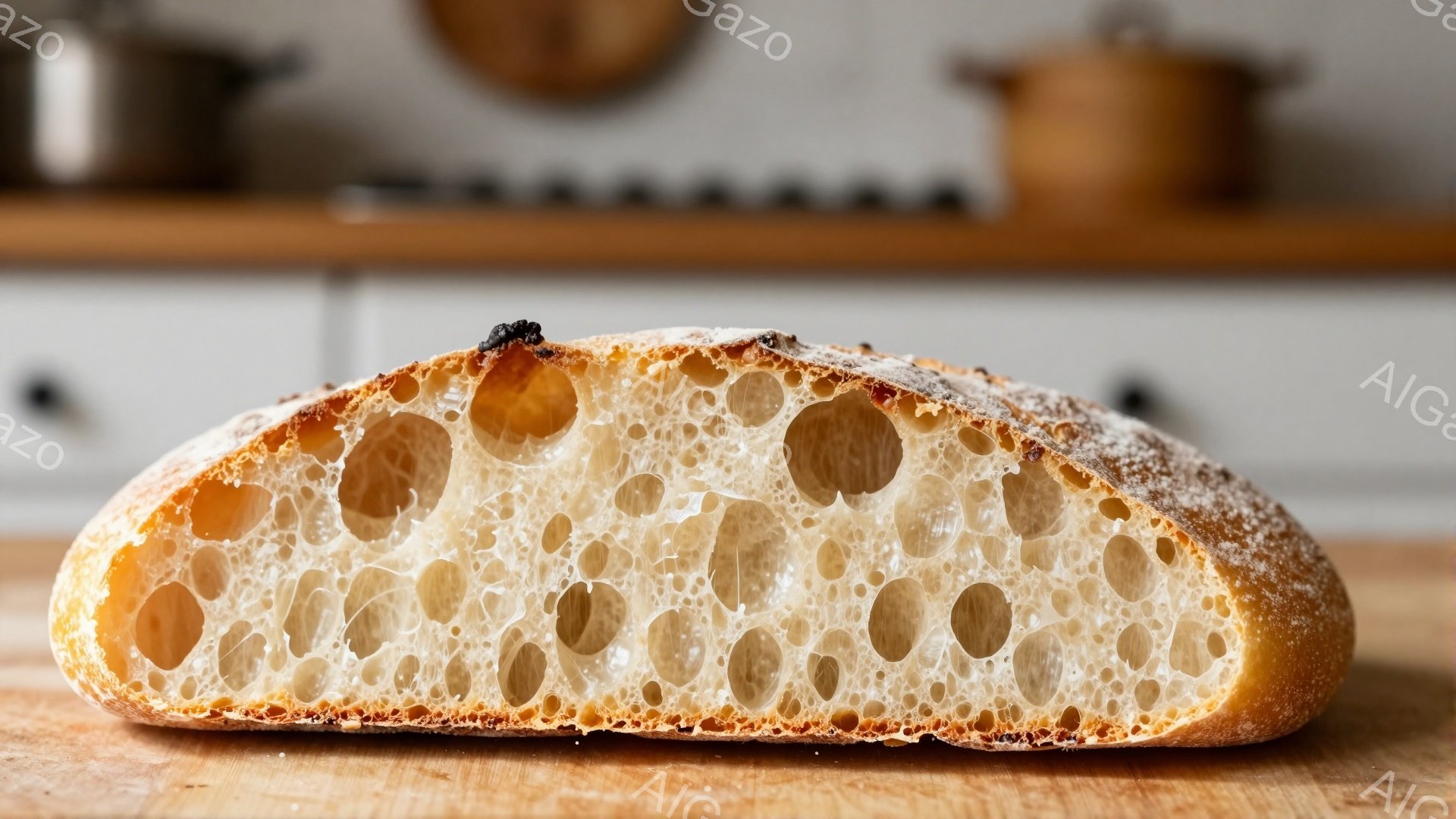 この画像は、焼きたてのパンの断面のクローズアップです。外側は少し焦げ目がついており、中は大きな穴がたくさん空いていて、ふっくらとした食感が想像できます。背景には木製のまな板と、ぼやけたキッチン用品が見え、家庭的な温かさを感じさせます。