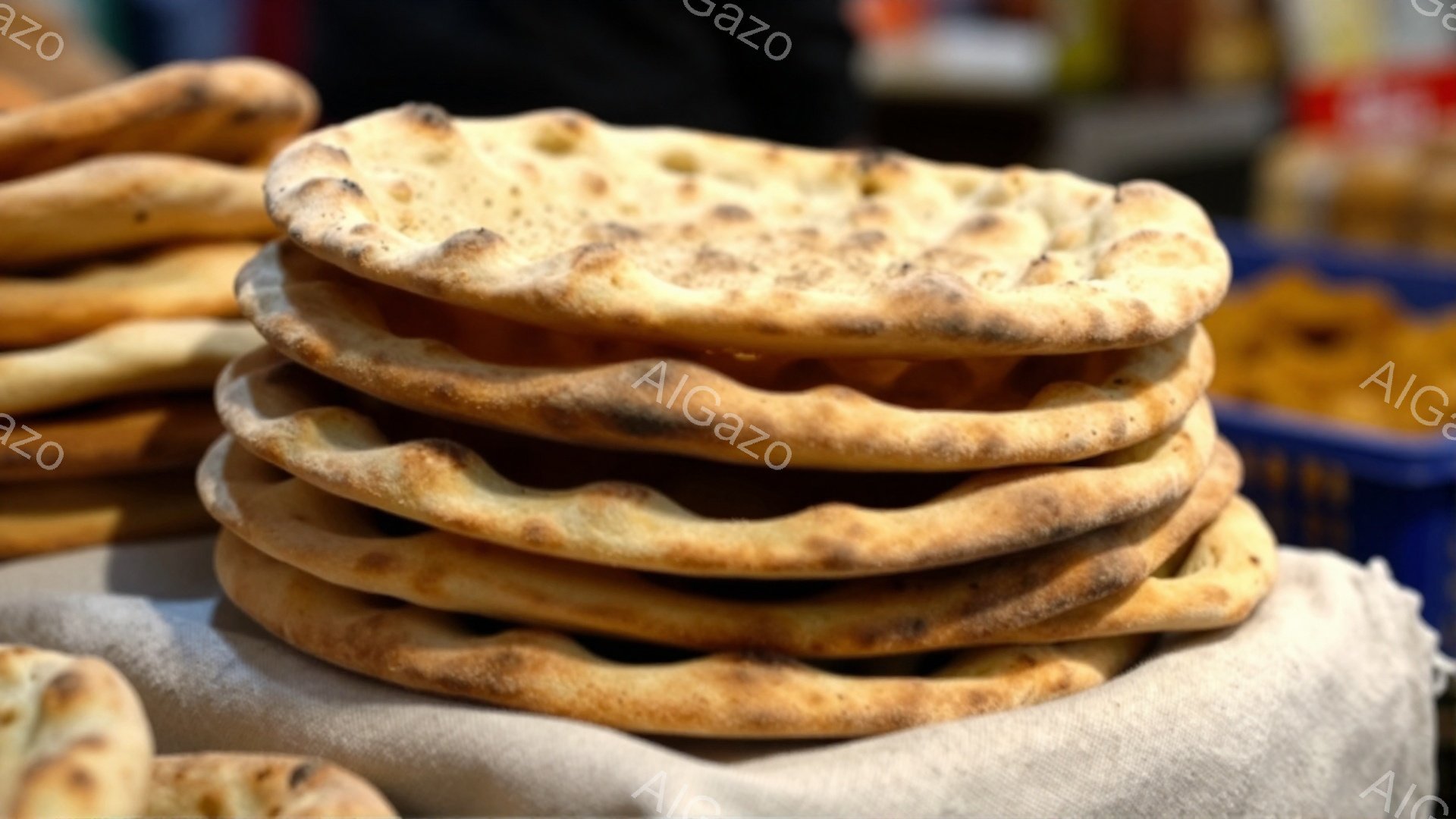 焼き色のついた平らなパンが、白くざらざらした布の上に綺麗に積み重ねられています。パンは丸みを帯びた形をしており、表面には焼き目が点在し、食欲をそそる色合いです。背景には青いプラスチックの箱と、ぼやけた - AI生成フリー素材