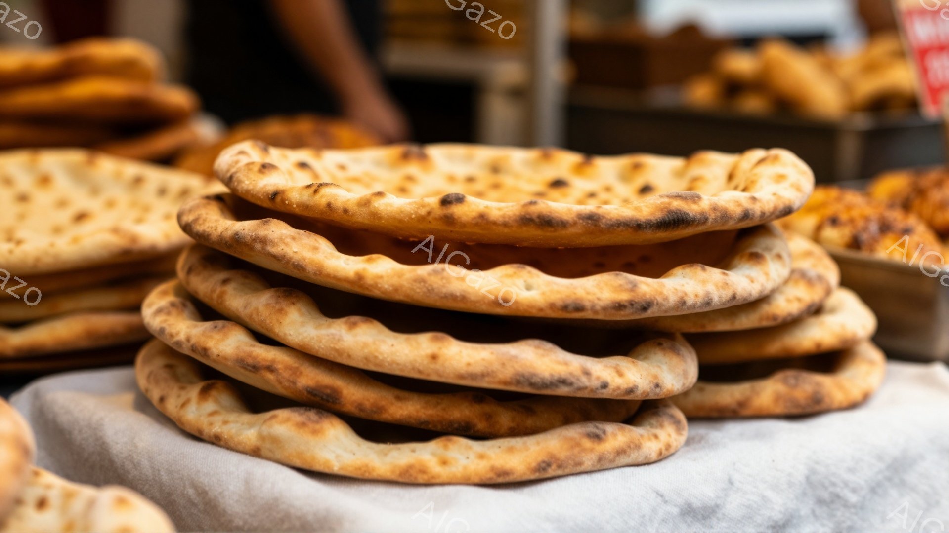 平たいパンが積み重ねられた写真で、焼き色がついており、外側は少し焦げているように見えます。背景には他のパンが積み重ねられているのが見え、市場や屋台のような雰囲気を感じさせます。全体的に暖色系の色調で、 - AI生成フリー素材