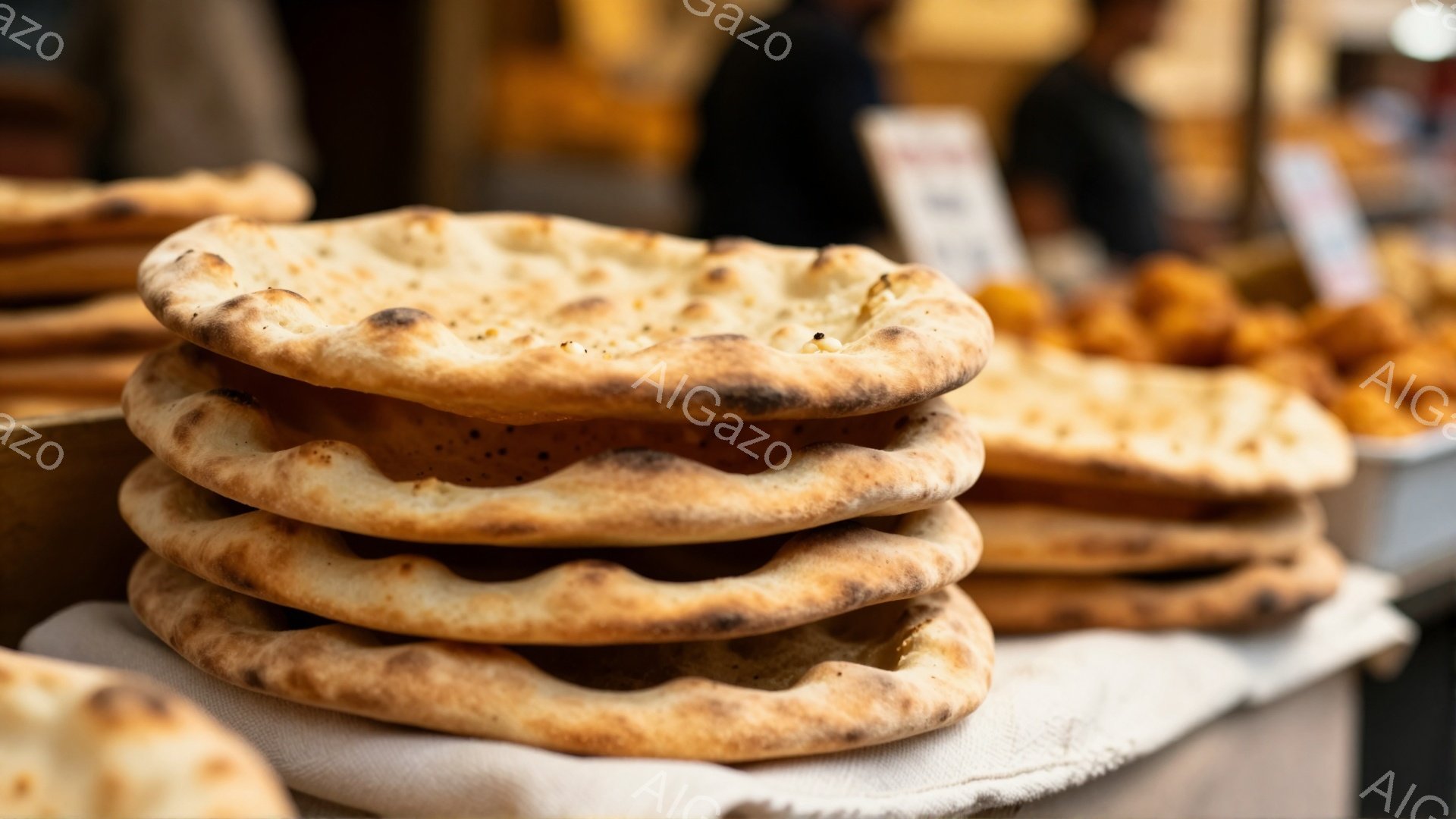 画像には、平たいパンが積み重ねられており、表面には焦げ目がついているのが見える。背景には、同様のパンが並んだ棚や、何かの食材が積み重ねられている様子がぼやけて写っている。全体的に暖色系の色調で、屋台や - AI生成フリー素材