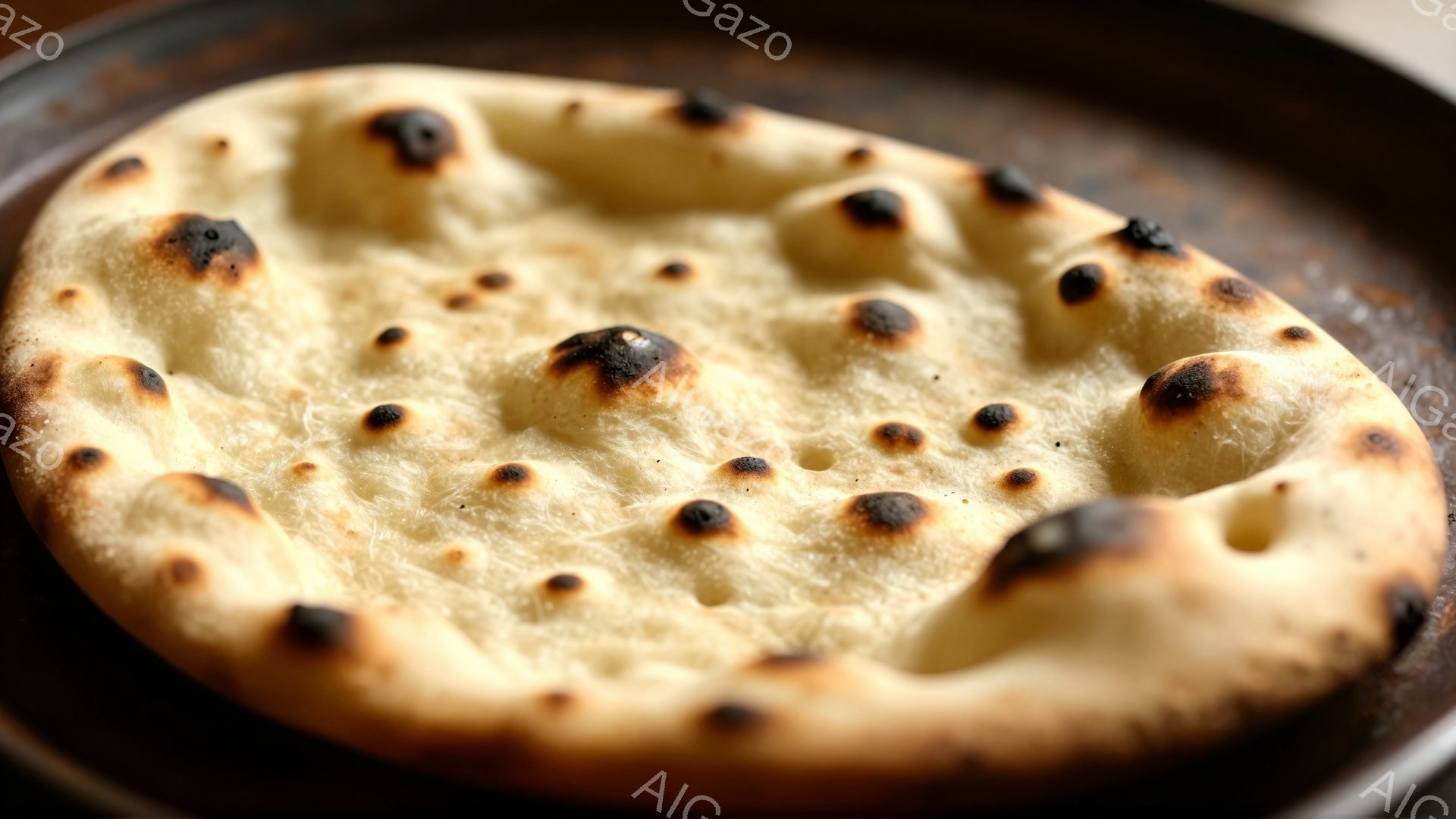 画像は、焼きたてのナンパンのクローズアップです。表面には、焦げ目が点在し、ふっくらとした質感と、軽石のような穴が特徴的です。全体的に温かみのある色合いで、食欲をそそる印象を与えます。