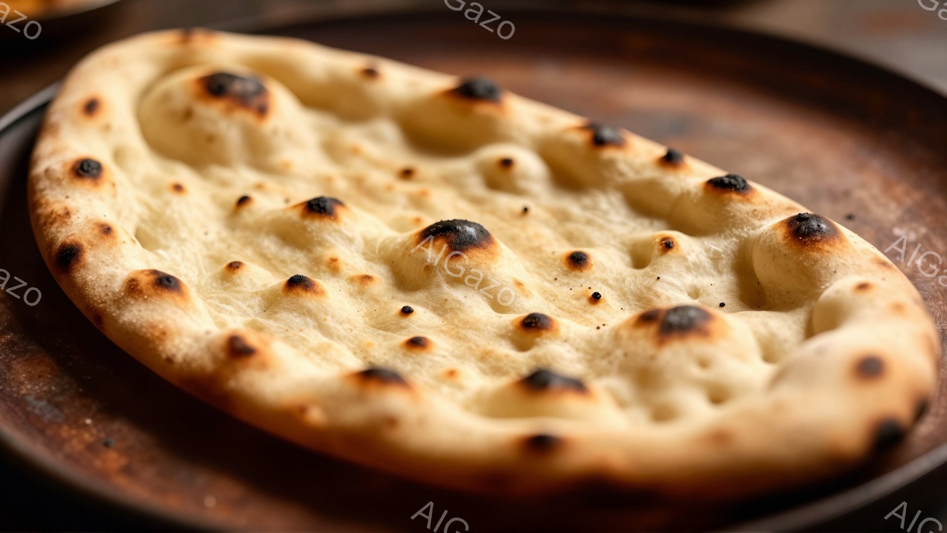 焦げ目がついたナンが、金属製のプレートの上に置かれています。表面には大小さまざまな気泡のような膨らみが散りばめられており、焼きたての香ばしさが感じられます。背景はわずかにぼやけており、ナンの質感が際立っています。