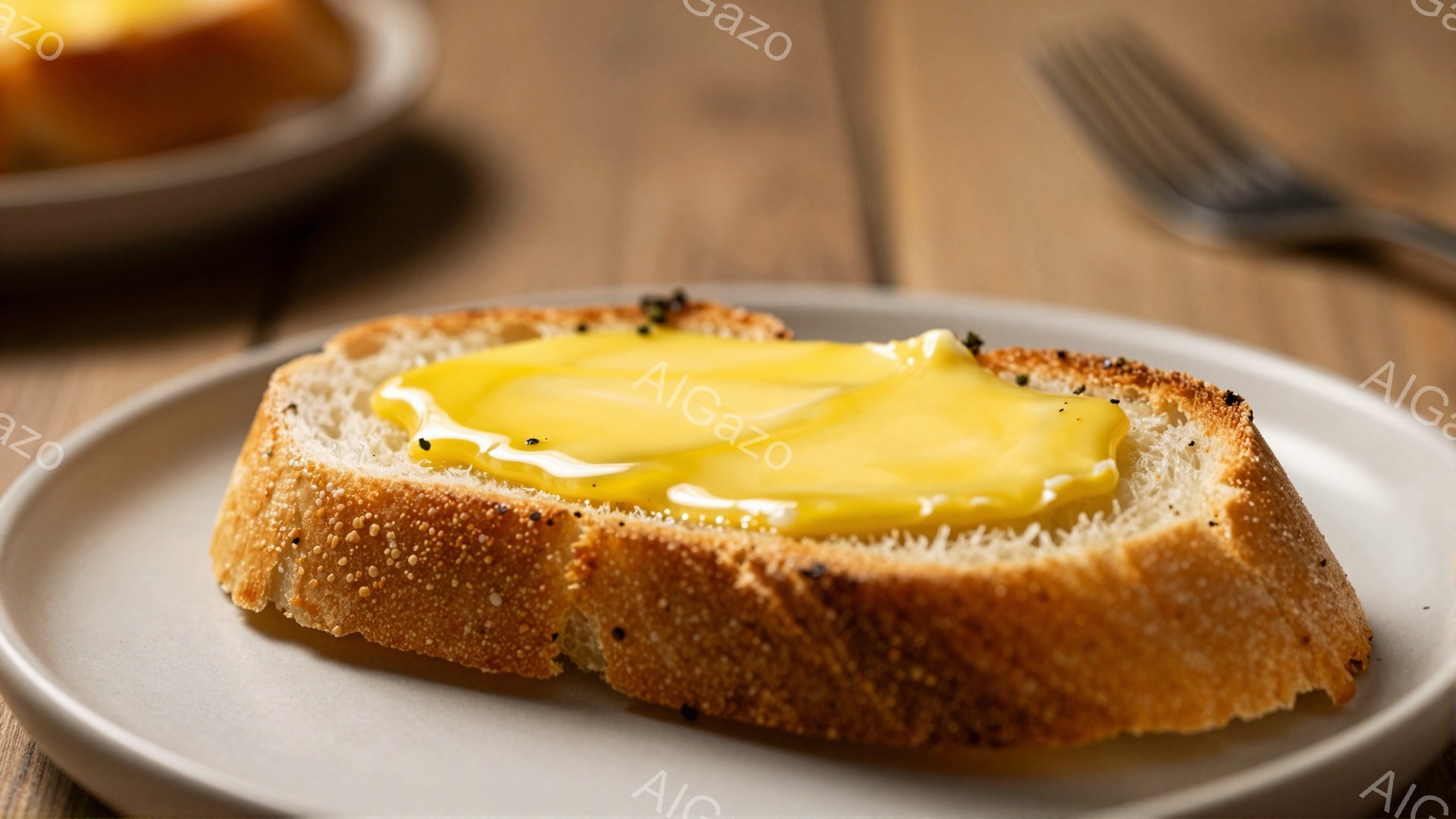 香ばしい焼き上がりのパンの一切れが、白皿に乗せられています。パンの上には、とろりと溶けた黄色のバターがたっぷり塗られており、黒胡椒が散らされています。背景には、別のパンが乗った皿とフォークがぼんやりと見え、暖かく食欲をそそる雰囲気を醸し出しています。