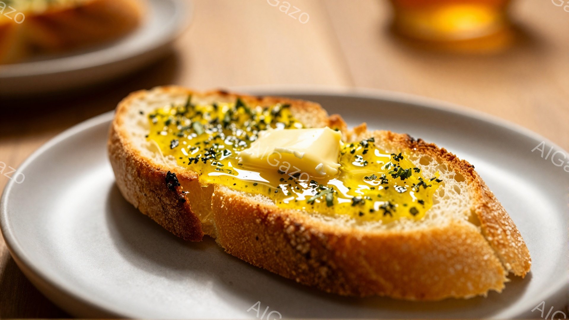 焼けたパンの上に溶けたバターがたっぷりとのっていて、細かく刻んだハーブが散らされています。パンは表面がカリカリとしていて、中身は柔らかそうです。背景には別のパンと飲み物がぼやけて見え、温かみのある食卓 - AI生成フリー素材