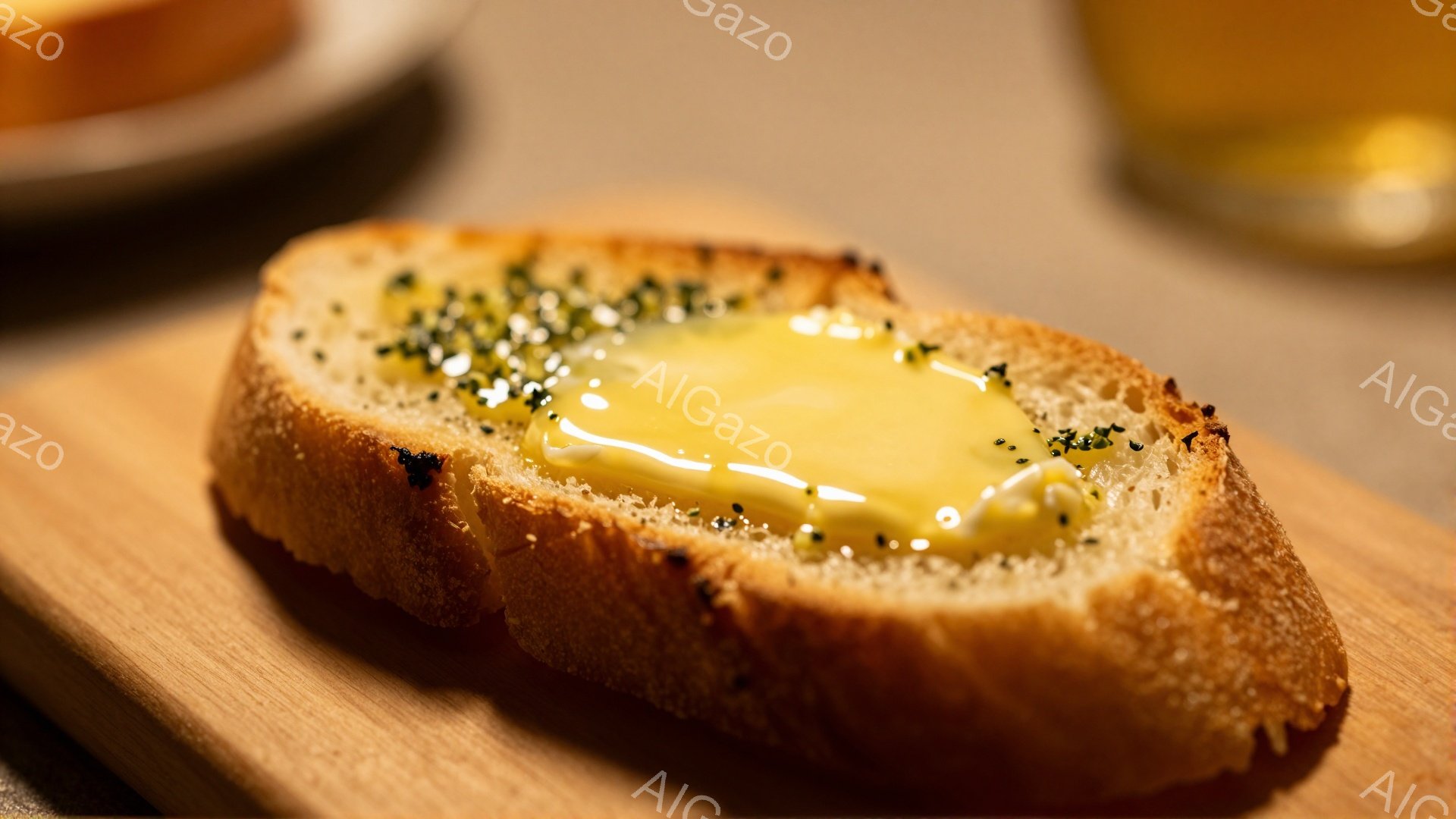 焼けたパンの上に、とろりと溶けた黄身のようなソースがたっぷりとかかっています。パンの表面には細かい黒い粒々（おそらくハーブやスパイス）が散りばめられ、木製のプレートの上に置かれています。背景にはぼやけたグラスが見え、温かく食欲をそそる雰囲気が漂っています。