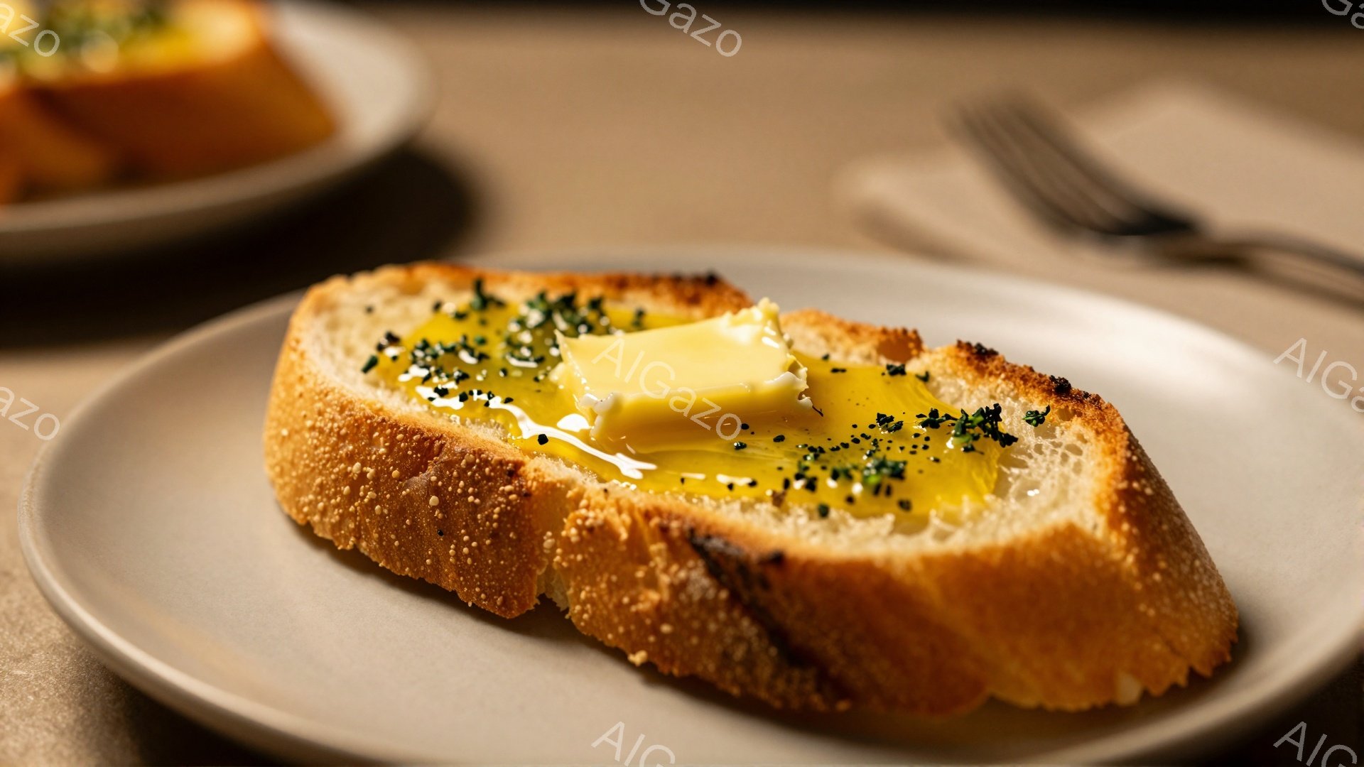 焼きたてのバゲットのスライスに、溶けたバターがたっぷりとのっています。バターの上には細かく刻んだパセリが散らされ、鮮やかな緑色がアクセントになっています。背景には、同じようにバターを塗った別のバゲット - AI生成フリー素材