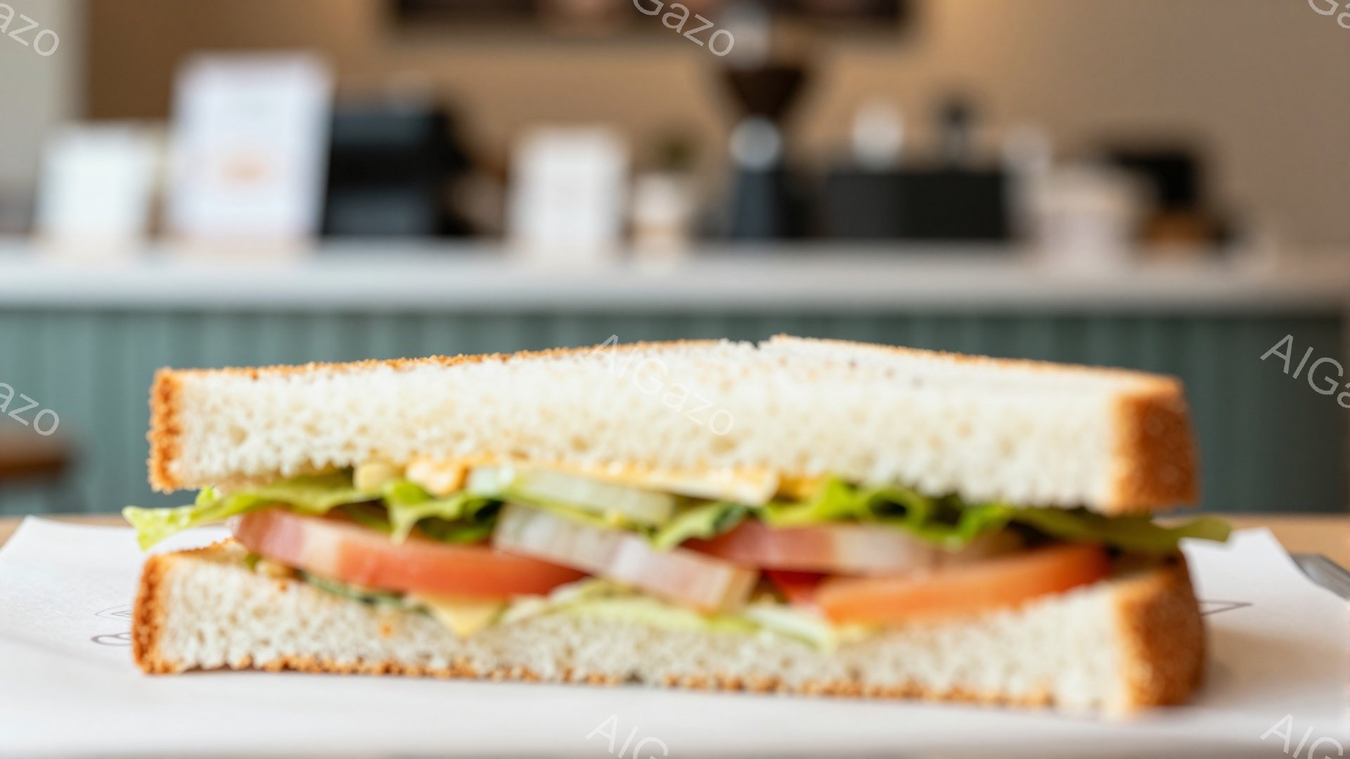 画像は半分に切られたサンドイッチを捉えており、トマト、きゅうり、玉ねぎのスライスが層になって挟まれています。パンは白く、柔らかそうな食感が伺えます。背景にはぼやけた店舗らしき空間が見え、全体的に明るく - AI生成フリー素材