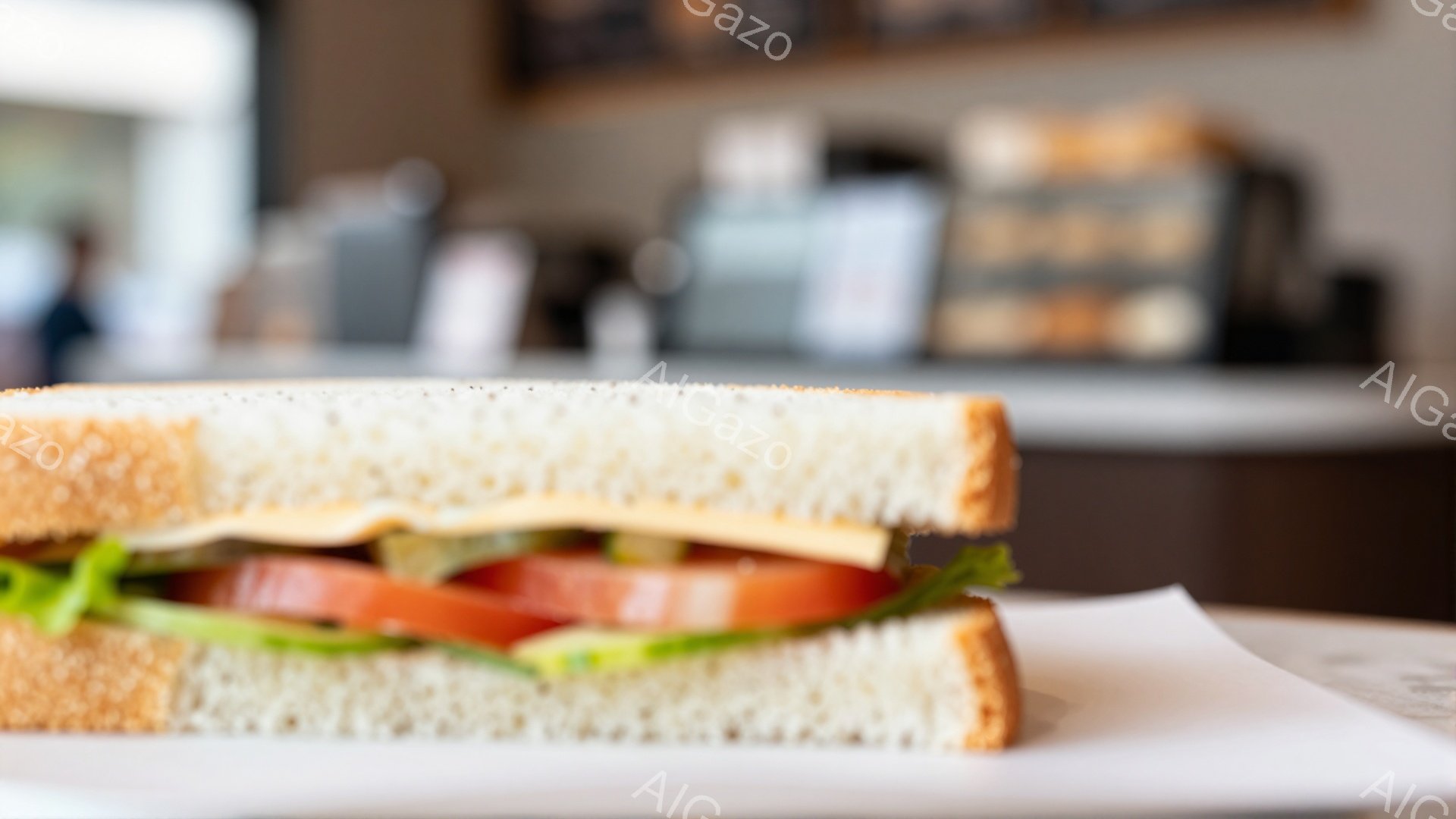 白い食パンで挟まれたサンドイッチが、白い紙の上に置かれている。サンドイッチの中にはレタス、トマト、チーズ、そしてピクルスが見え、鮮やかな色彩が食欲をそそる。背景はぼやけており、カフェやレストランのような場所で撮影された様子が窺える。