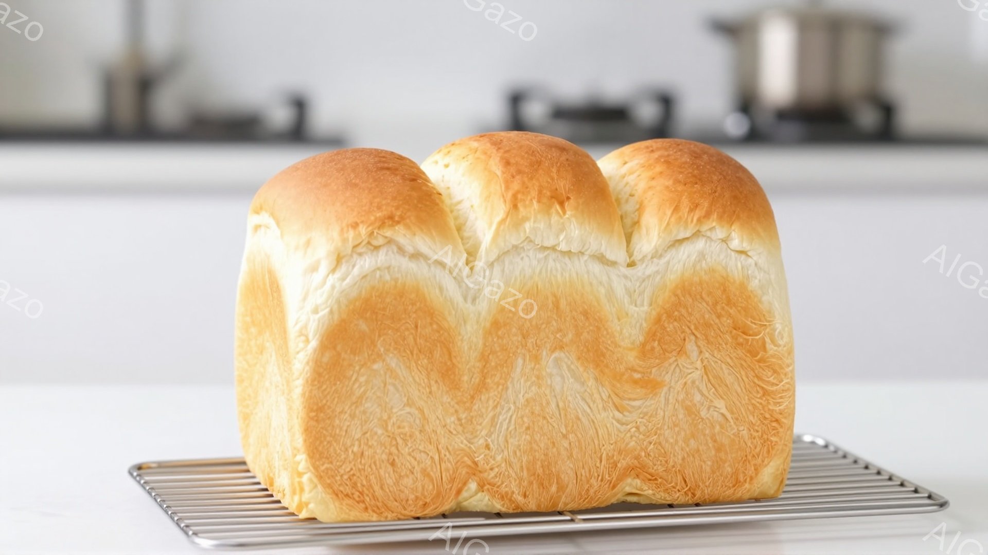 白いワイヤーラックの上に置かれた、焼き上がったパンの塊が写っています。パンは黄金色で、表面は少し起泡しており、ふっくらとしていて美味しそうです。背景には、白っぽいキッチンカウンターと調理器具がぼやけて見え、清潔で温かい雰囲気を醸し出しています。