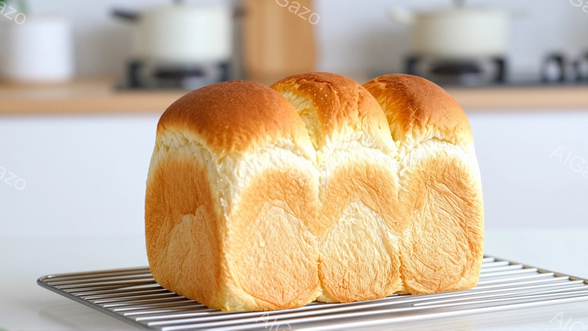 白いワイヤーラックの上に、黄金色に焼かれた食パンが3切れ並んでいます。パンはふっくらとしており、表面に美しい照りがあります。背景にはぼやけたキッチン用品が見え、明るく清潔な雰囲気です。
