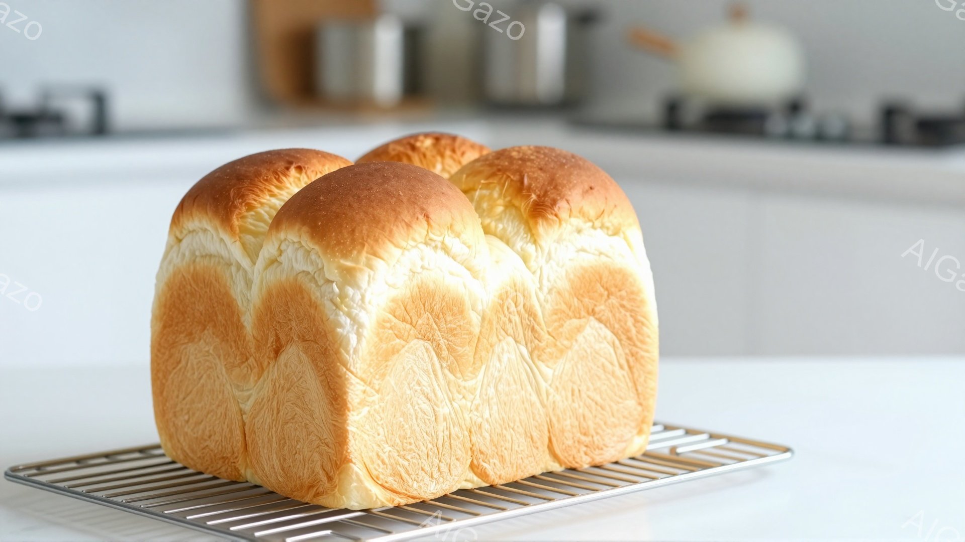 白いワイヤーラックの上に、焼き上がった食パンが4切れ並んでいます。パンは黄金色に輝き、表面は滑らかでふっくらとしています。背景は白を基調としたキッチンで、ぼやけた調理器具が見え、清潔感と温かみのある雰 - AI生成フリー素材
