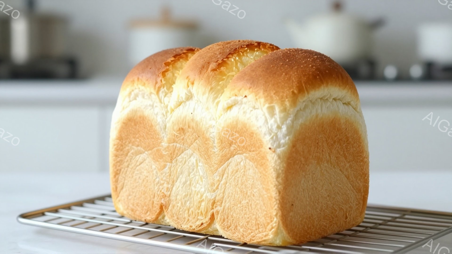 画像には、焼き上がったパンが金属製の網の上に乗せられています。パンは黄金色で、ふっくらとしており、表面はわずかに光沢があります。背景は明るいキッチンで、ぼやけた食器や調理器具が見え、全体的に温かく家庭的な雰囲気です。