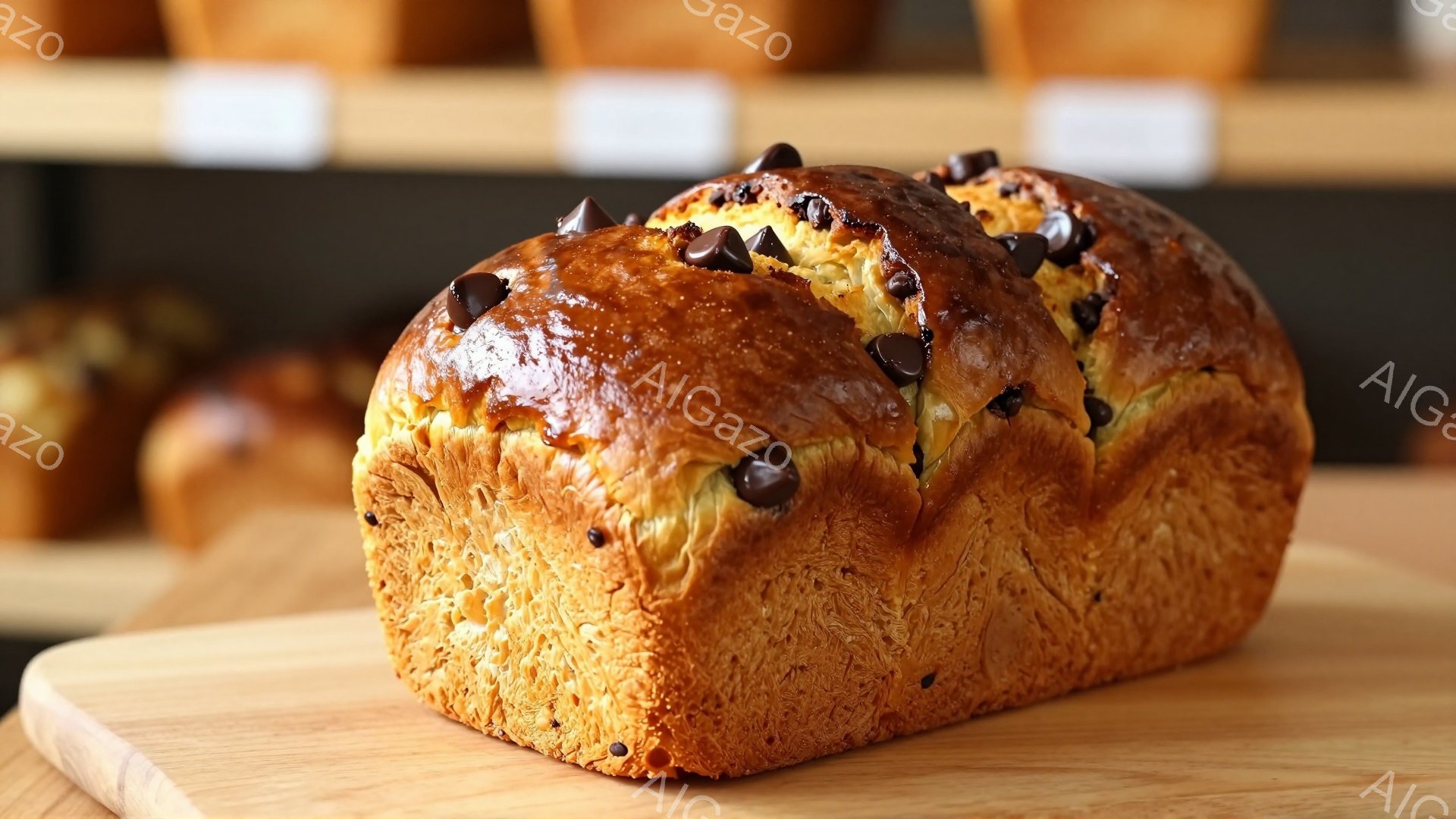 焼き色のついたパンが木製のプレートの上に置かれています。表面にはチョコレートチップが散りばめられ、パン全体がふっくらとしていて美味しそうです。背景には他のパンがぼんやりと見え、パン屋の棚の一部であると思われます。