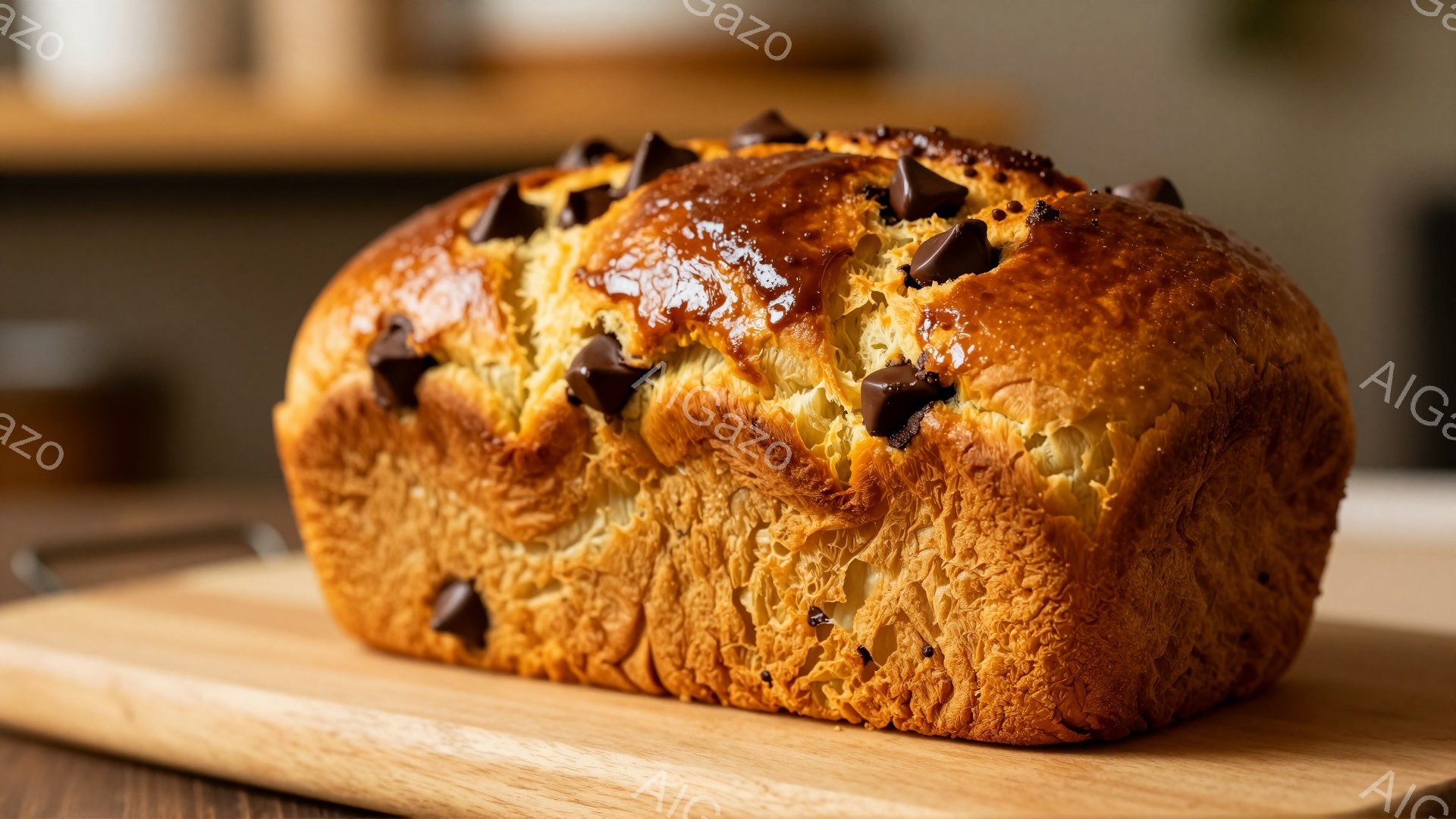 焼き色が美しいチョコチップ入りのパンが、木製のプレートに乗せられています。パンの表面は少し照りがあり、チョコチップが散りばめられています。背景はぼかされており、パンが際立っている温かい雰囲気の写真です。