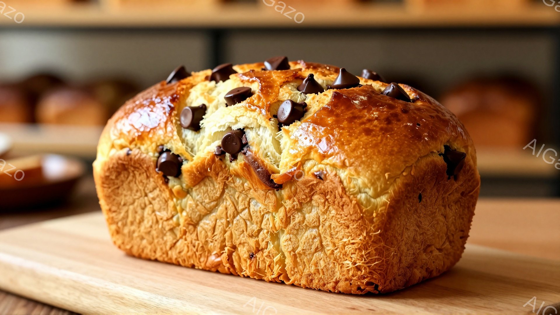 画像は、チョコレートチップが散りばめられた、焼き色のついた長方形のパンを捉えています。パンは木製の板の上に置かれ、背景には他のパンがぼやけて写っています。全体的に、温かみがあり、食欲をそそる雰囲気で、パンの香ばしさとチョコレートの甘さが感じられます。