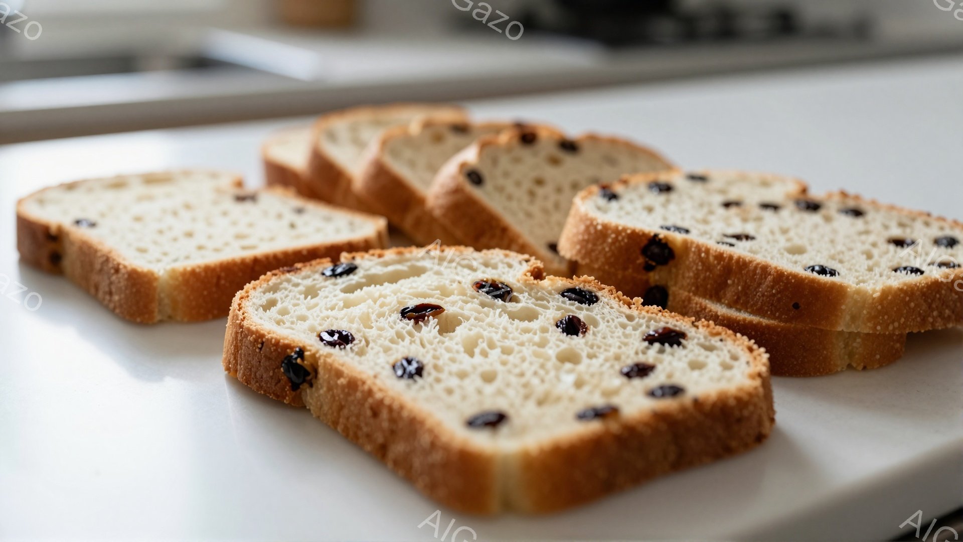 画像には、レーズンパンのスライスが白い表面に並べられています。パンは焼き色が薄く、柔らかい食感を想像させます。背景はぼやけており、キッチンカウンターの一部が見えます。