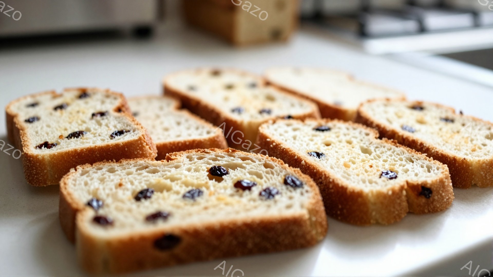 焼き上がったレーズンパンのスライスが白い皿の上に並べられています。パンは表面が黄金色に輝き、中に散りばめられたレーズンがよく見えます。背景にはキッチンの一部が見え、白を基調とした清潔感のある空間が広が - AI生成フリー素材