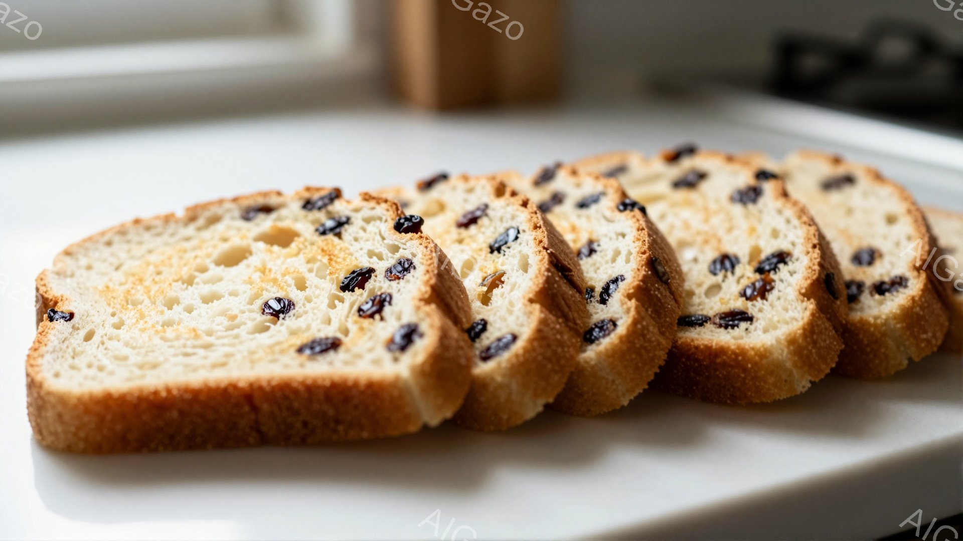 白い皿の上に、レーズンパンのスライスが並んでいます。パンは軽く焼けており、表面は黄金色で、中にはところどころレーズンが見えます。背景はぼやけており、キッチンの一部である白いカウンターと、ぼんやりと見える調理器具が見えます。