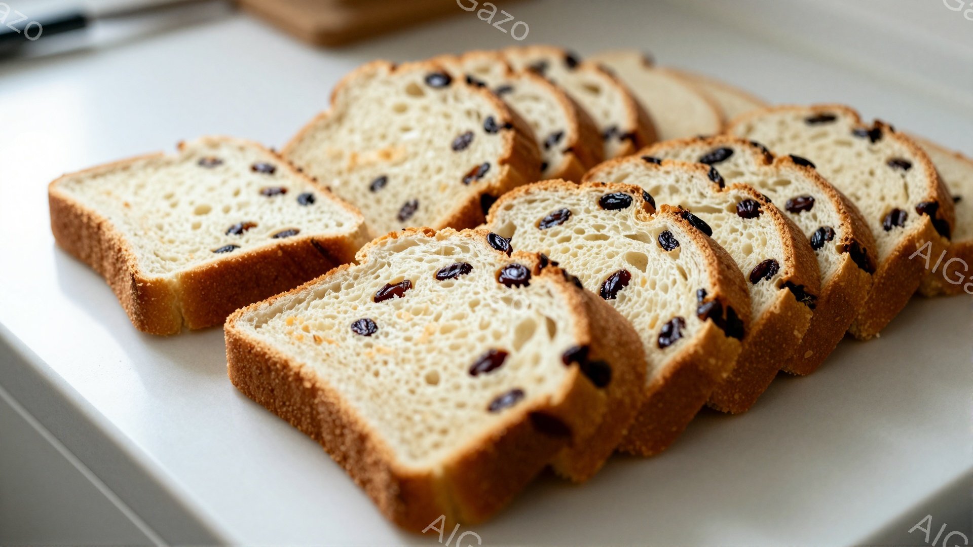 画像には、レーズンパンのスライスが白い皿の上に並べられています。パンは焼き色がついており、中にはレーズンが散りばめられています。背景はぼやけており、キッチンカウンターの一部が見えます。