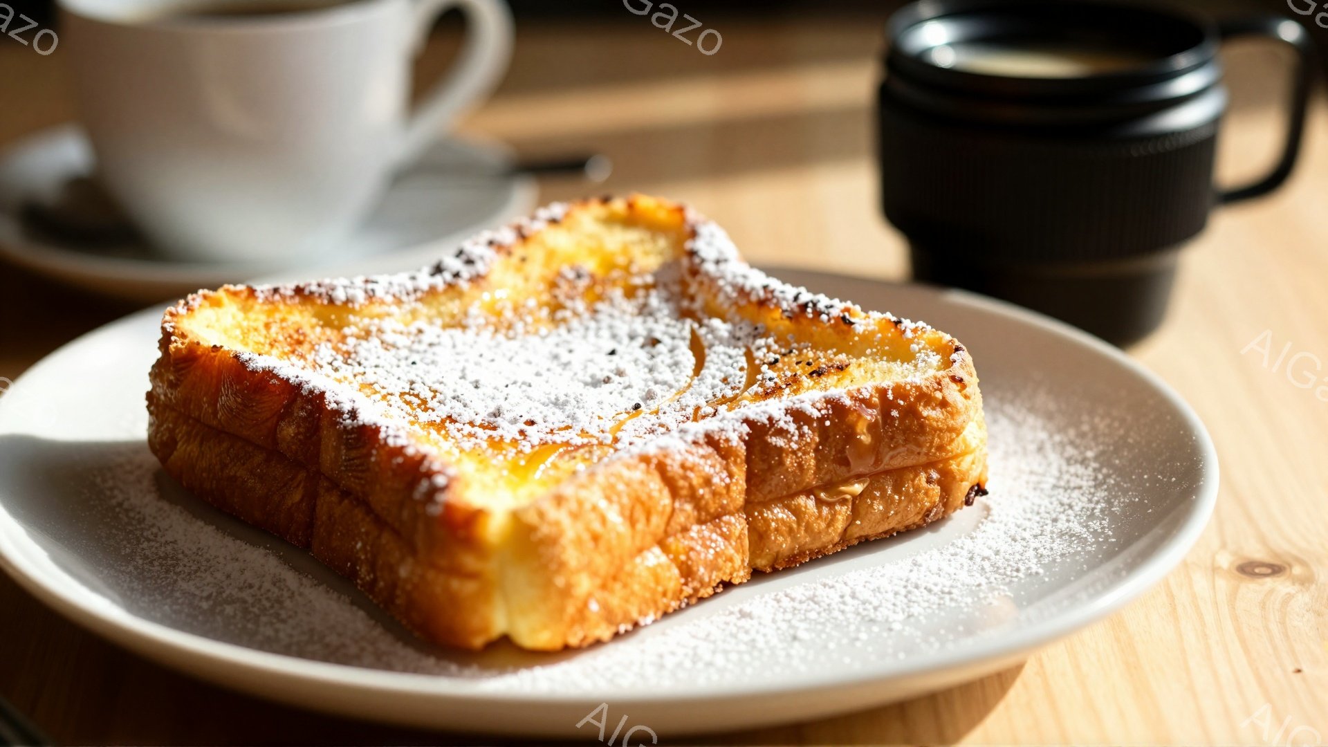 焼き色がつき、粉砂糖がふりかかったフレンチトーストが白い皿に盛られています。背景には、カップに入った飲み物とレンズ付きのカメラが写っており、木製のテーブルが暖かく落ち着いた雰囲気を醸し出しています。全体的に、カフェや朝食のシーンを連想させる、美味しそうな写真です。