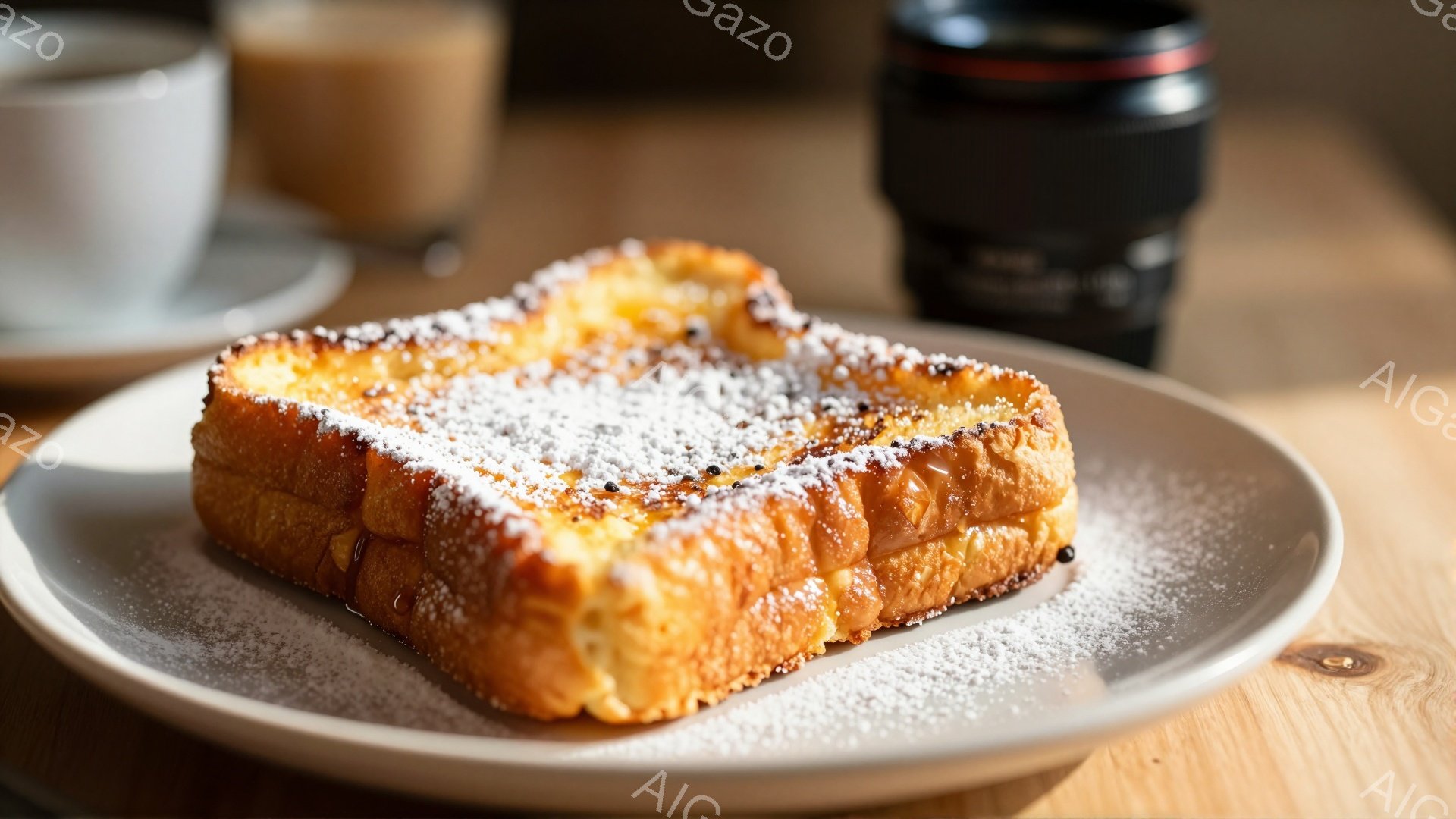 表面に粉砂糖がふりかかった、こんがりと焼けたフレンチトーストが白い皿に乗せられています。背景には、コーヒーが入ったカップと、レンズがぼんやりと見え、木製のテーブルの上に置かれています。全体的に暖かく、 - AI生成フリー素材