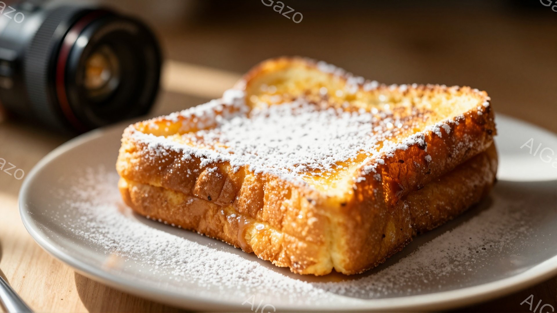 皿の上に、粉砂糖がふりかけられたフレンチトーストが美味しそうに置かれています。フレンチトーストは黄金色で、表面はカリッとしていて、中身はふっくらしているように見えます。背景には、焦点の合っていないカメラのレンズの一部がわずかに見え、暖かく落ち着いた雰囲気を醸し出しています。