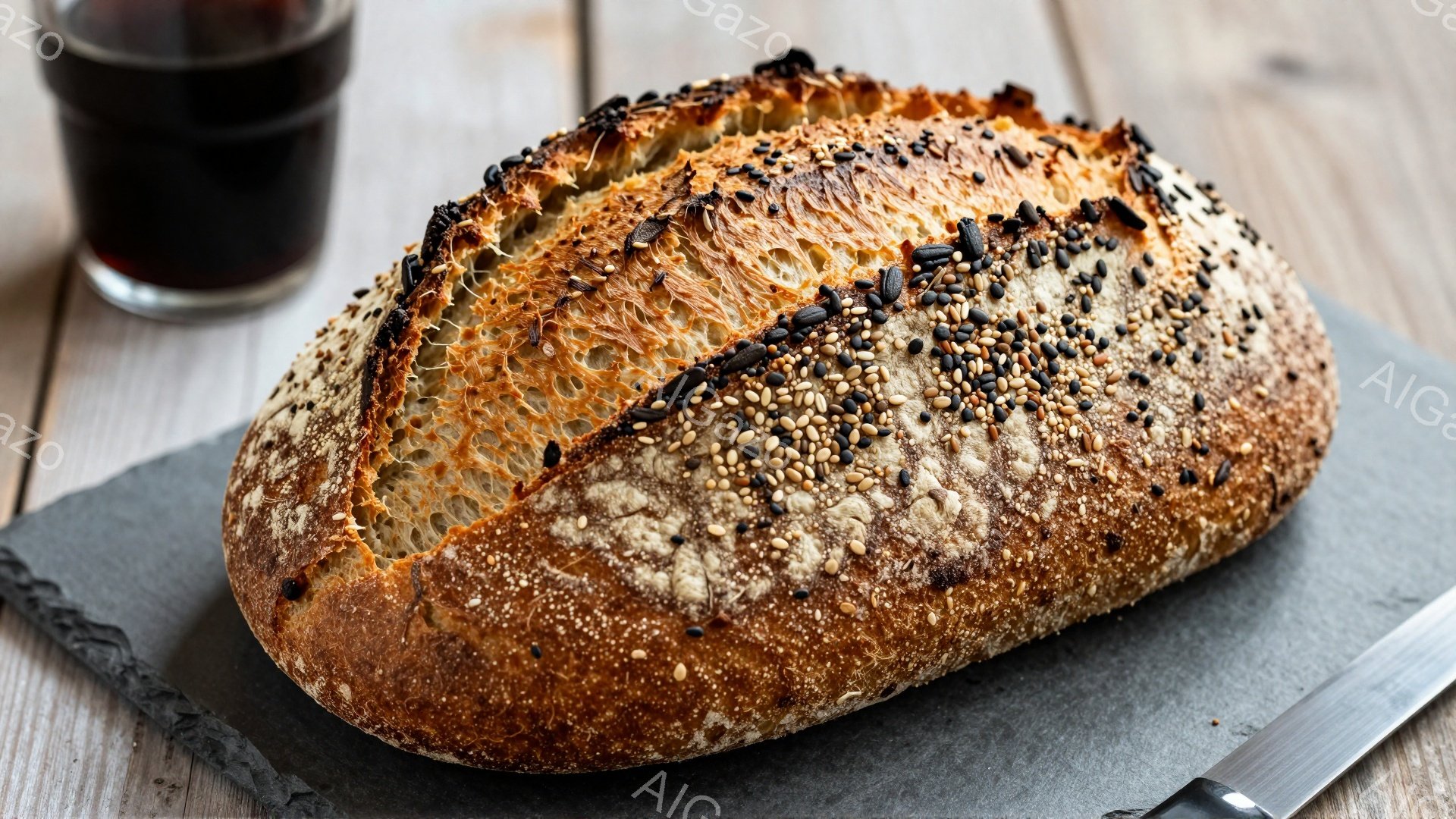 焼きたてのパンが、スレートグレーの板の上に置かれています。パンの表面は、ごまやケシなどの種子が散りばめられ、きつね色に焼けています。背景には木製のテーブルがぼんやりと見え、隣には赤い液体が入ったグラスとナイフが置かれ、素朴で温かい雰囲気を醸し出しています。