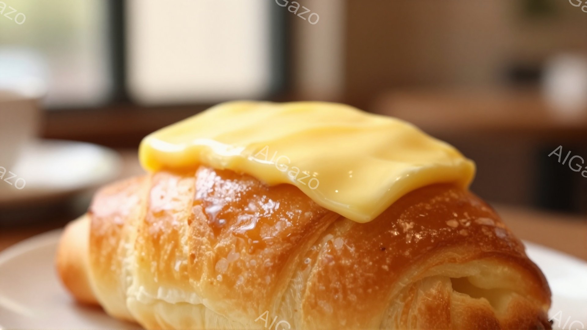 焼き色のついたクロワッサンに、とろりと溶けた黄色のソースがかかっている。クロワッサンの層は美しく、サクサクとした食感が想像できる。背景はぼやけているが、明るい光が差し込み、温かみのある雰囲気が漂っている。