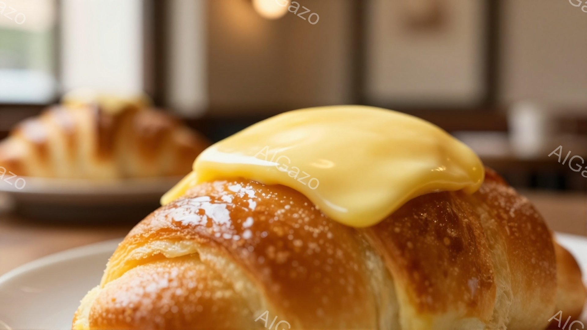 焼き色のついたクロワッサンに、とろりとしたカスタードクリームがたっぷりとかけられています。背景には、同じようにカスタードクリームがかかった別のクロワッサンがぼんやりと見え、木製のテーブルの上に置かれています。全体的に、温かく、甘い香りが漂ってきそうな、食欲をそそる雰囲気です。