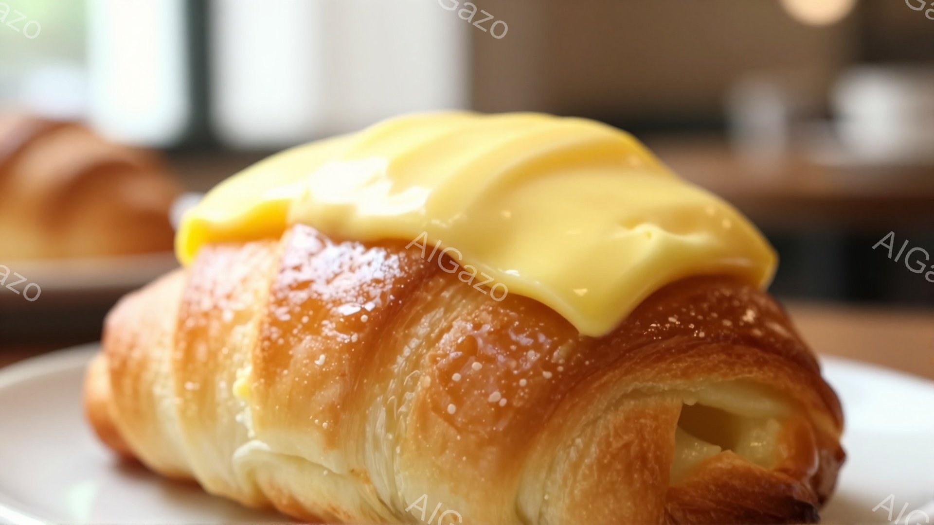 焼きたてのクロワッサンが、濃厚なカスタードクリームで覆われている。表面は黄金色でサクサクとした食感が想像でき、甘くて香ばしい香りが漂ってくるようだ。背景には他のクロワッサンがぼんやりと見え、カフェやパン屋での朝食を連想させる温かい雰囲気である。