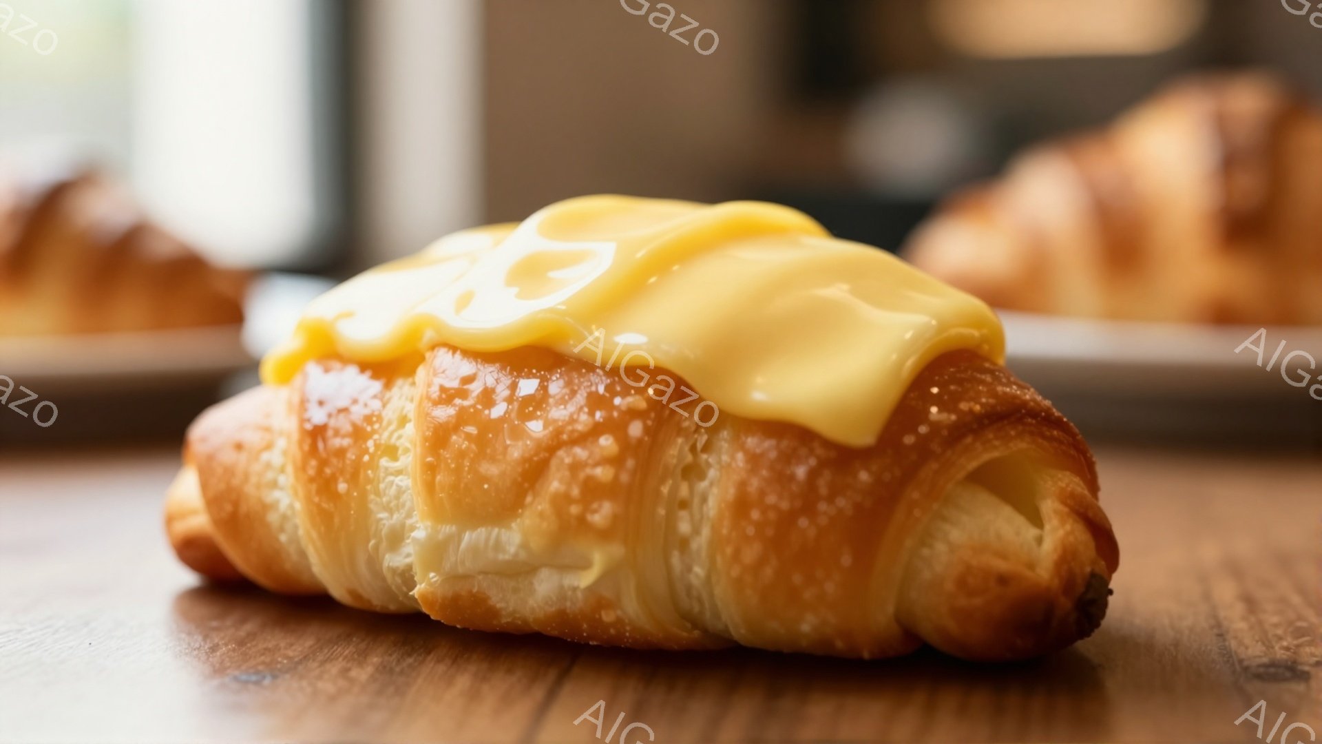 画像は、艶やかなキャラメルソースがかかったクロワッサンをクローズアップしたものです。クロワッサンは黄金色でサクサクとした層が見え、焼きたてのおいしさを想像させます。背景には他のクロワッサンがぼやけて写っており、カフェやパン屋さんのような、温かく居心地の良い雰囲気が感じられます。